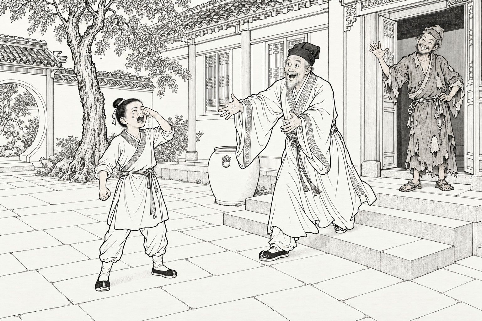 A line drawing in the manner of a late-Qing lithographed edition: in a courtyard, a boy in the middle rubs one eye with his fist and bawls with his mouth wide open, his white-bearded father steps out of the hall with both arms stretched toward him in joy, and a ragged monk stands at the top of the steps with one hand raised, smiling.