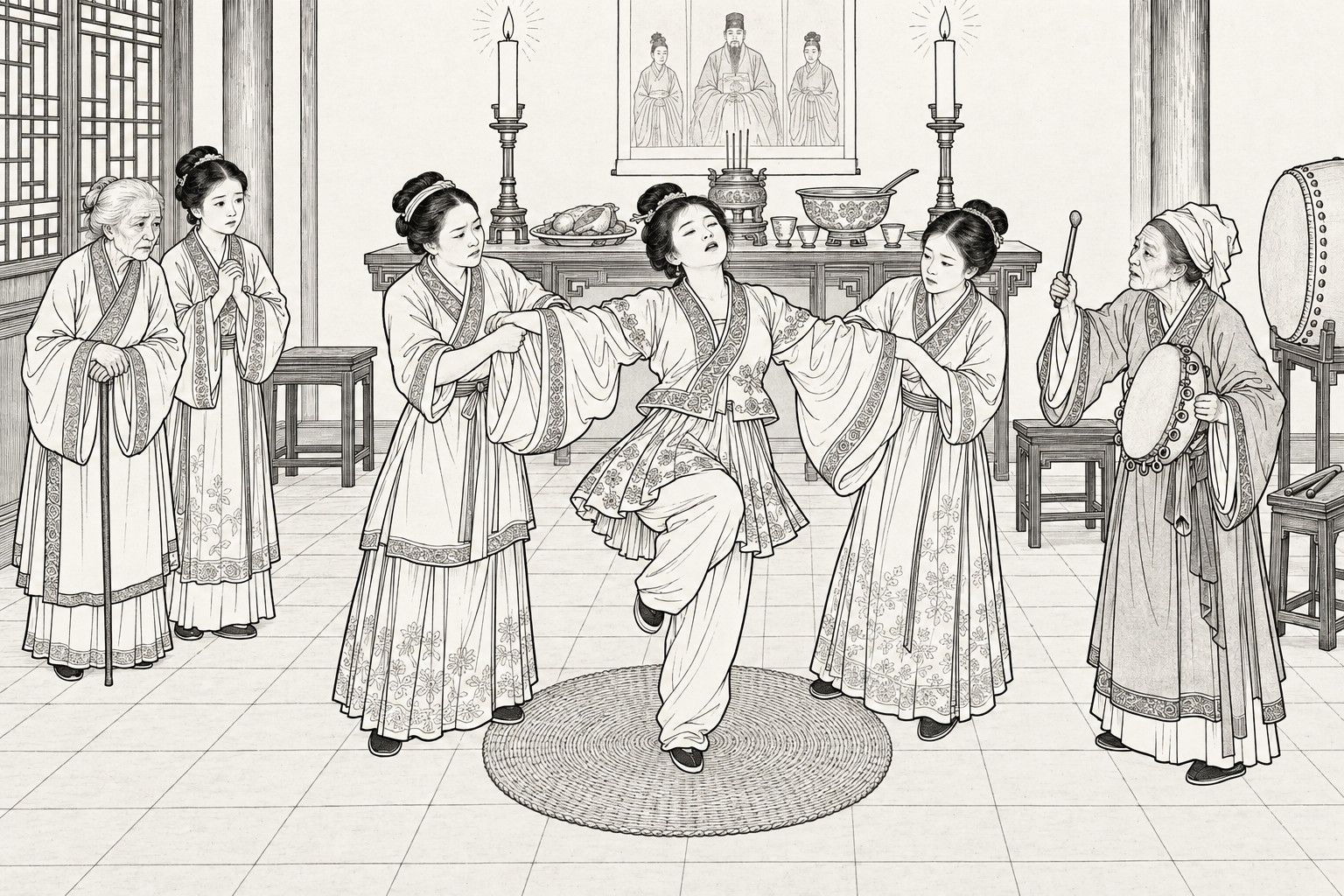 A line drawing in the manner of a late-Qing lithographed edition: in the lit main hall of a house at night, a young wife dances on one raised foot on a straw mat while two women hold her arms, an old witch beats an iron-ringed one-sided drum at the right, and two women watch with clasped hands at the left, with a table of meat, wine basin and censer between two tall candles behind them.