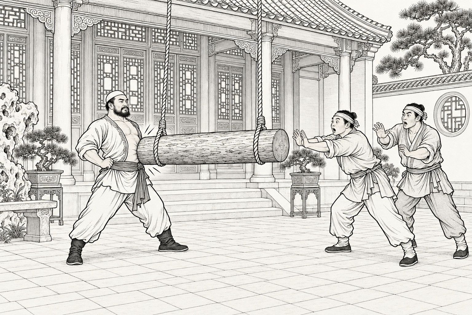 仿清末石印本的線描:白天富家廳前的庭院裡,一位戴小圓帽、留短鬚、敞著短褂的壯漢叉腰站穩,懸在廊梁下的粗圓木蕩回撞在他腹上,右邊兩個裹頭巾的健僕雙臂還向前伸著,張口愣住,四周有盆松、假山和開圓窗的矮牆。