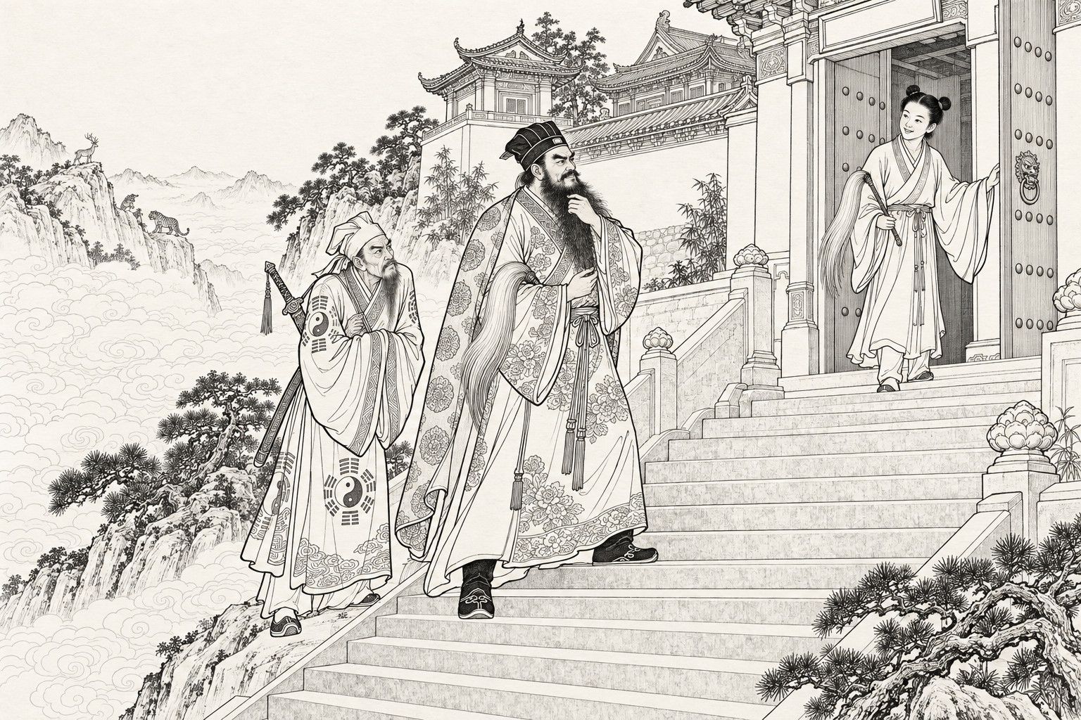 A line drawing in the manner of a late-Qing lithographed edition: at the gate of a temple above the clouds, a boy with two hair buns and a whisk steps out smiling through the half-open door, while at the foot of the steps a tall bearded Daoist strokes his beard speaking to him and a lean old Daoist with a sword on his back shrinks behind.