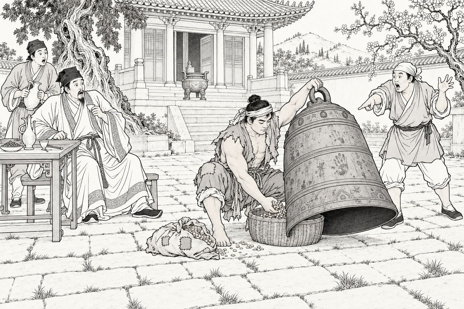 A line drawing in the manner of a late-Qing lithographed edition: in the front courtyard of an old country temple on a spring day, a ragged, muscular young beggar lifts a huge bronze bell with one hand and scoops dry food into a bamboo basket beneath it with the other, while a scholar at a wine table freezes with his cup in mid-air and two servants gape and point, with the temple hall, an old cypress and a blossoming peach tree behind them.
