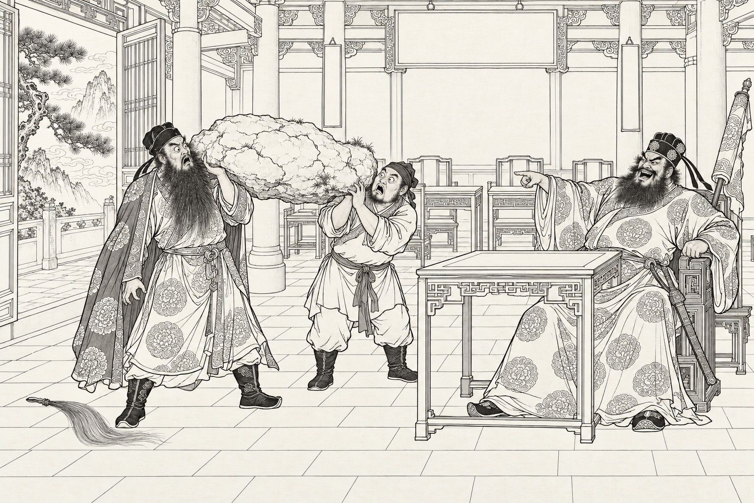A line drawing in the manner of a late-Qing lithographed edition: in a temple hall, two Daoists stand frozen with a rough boulder balanced across their shoulders and their mouths hanging open, while a huge black-bearded master leans back in his armchair at a square table pointing at the boulder and roaring with laughter.