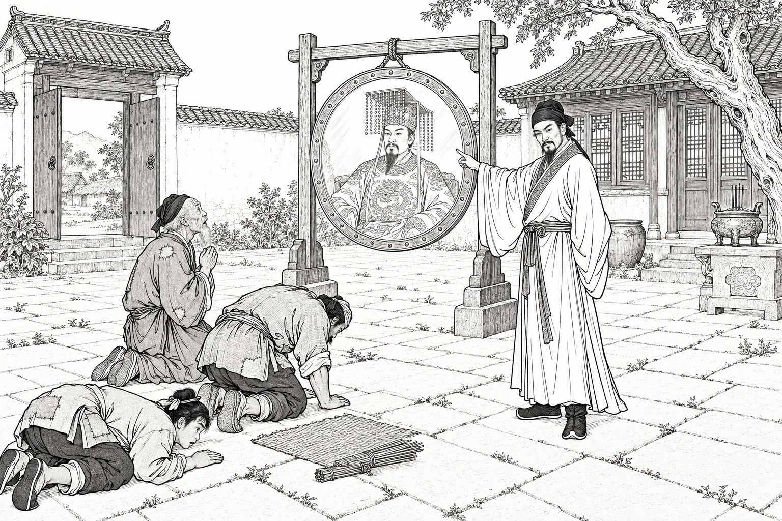 A line drawing in the manner of a late-Qing lithographed edition: in a daytime country courtyard, a standing man in a headcloth and wide-sleeved robe points at a large round bronze mirror hung on a wooden frame, in which a crowned, dragon-robed king-like figure is reflected, while an old man kneels with clasped hands and two other villagers bow low on the flagstones, with a gate-house, a lattice hall, an incense burner and a gnarled tree behind.