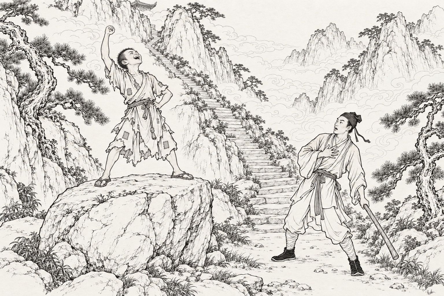 A line drawing in the manner of a late-Qing lithographed edition: at the foot of a cloud-wrapped mountain with a long stairway, a small ragged young monk stands with legs apart on a boulder, one fist raised and his head thrown back as he shouts, while a young Daoist attendant with a wooden cudgel shrinks back with a hand to his chest.
