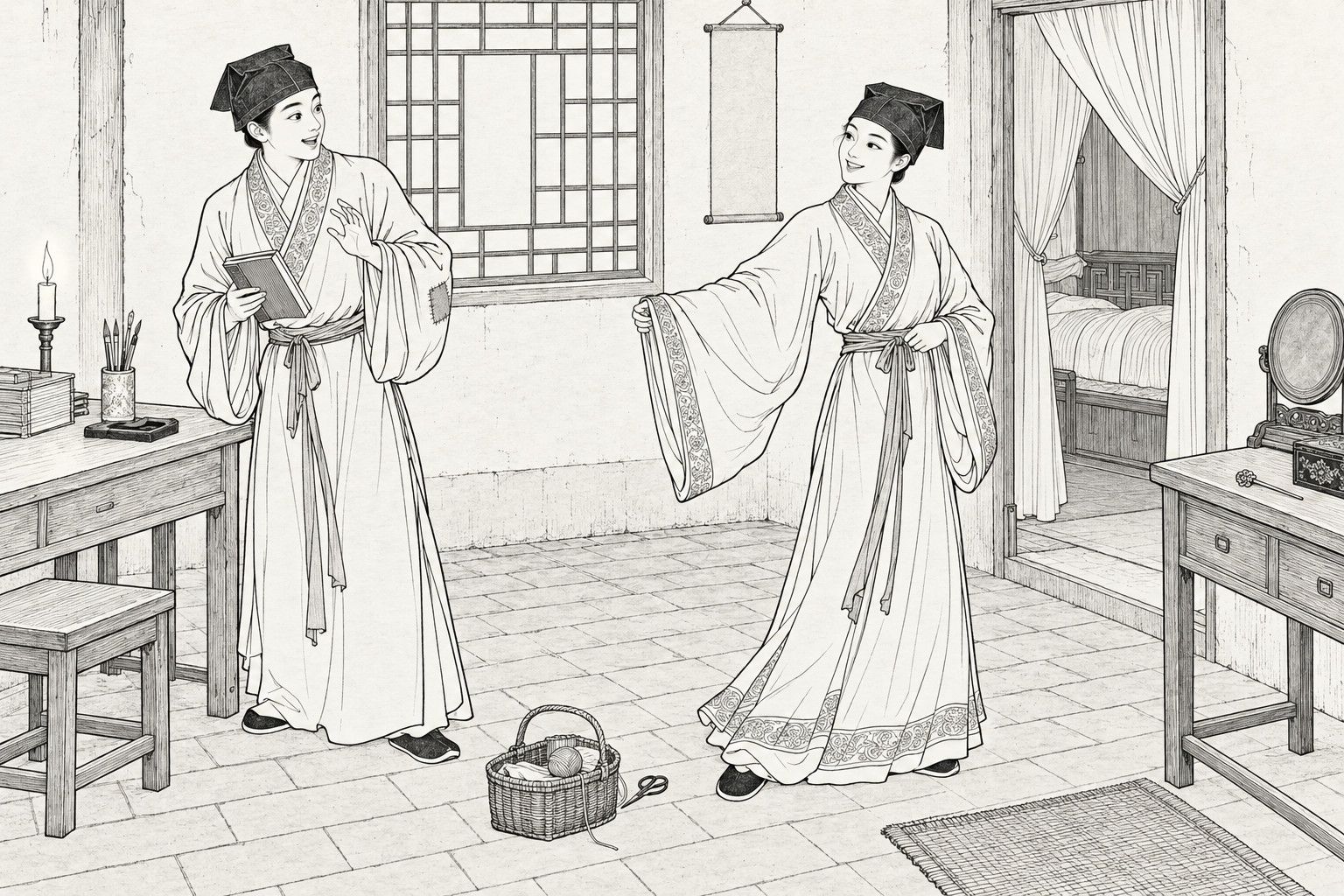 A line drawing in the manner of a late-Qing lithographed edition: in the plain front room of a poor village house by day, a young woman in a scholar's square cap and long gown, hair tucked away, holds out one wide sleeve with a teasing smile, while her young husband, rising from his desk with a book in hand, raises a hand in delighted surprise, with a bedroom doorway and curtained bed, a dressing table with a round mirror, a sewing basket on the brick floor and a candle, brushes and books on the desk around them.