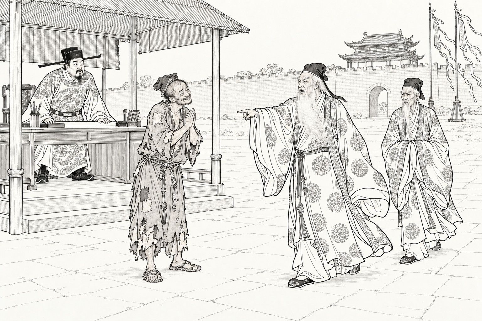 A line drawing in the manner of a late-Qing lithographed edition: on open ground outside a city wall, a prefect sits at a desk under a matshed, a ragged monk steps out with palms pressed together and a stiff grin, and two white-haired old Daoists in patterned robes approach side by side, the leading one pointing at him.