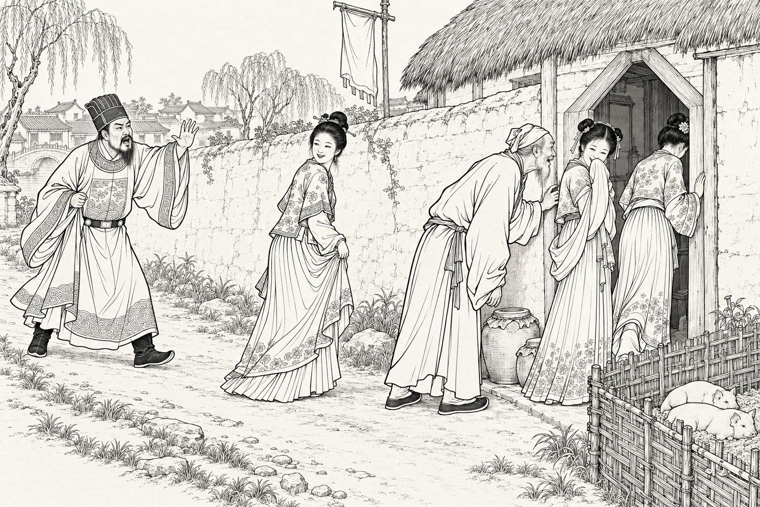 A line drawing in the manner of a late-Qing lithographed edition: on a daytime path beside a mud wall at the edge of a market town, an old man in a headcloth bends forward with one hand on the pointed doorway of a wine-seller's thatched house to peer inside, while three young women in long skirts slip in or glance back laughing, and behind them an official in a tile-ridged cap raises a hand and shouts, with a wine banner, wine jars, a bamboo pig pen with two piglets and willows nearby.