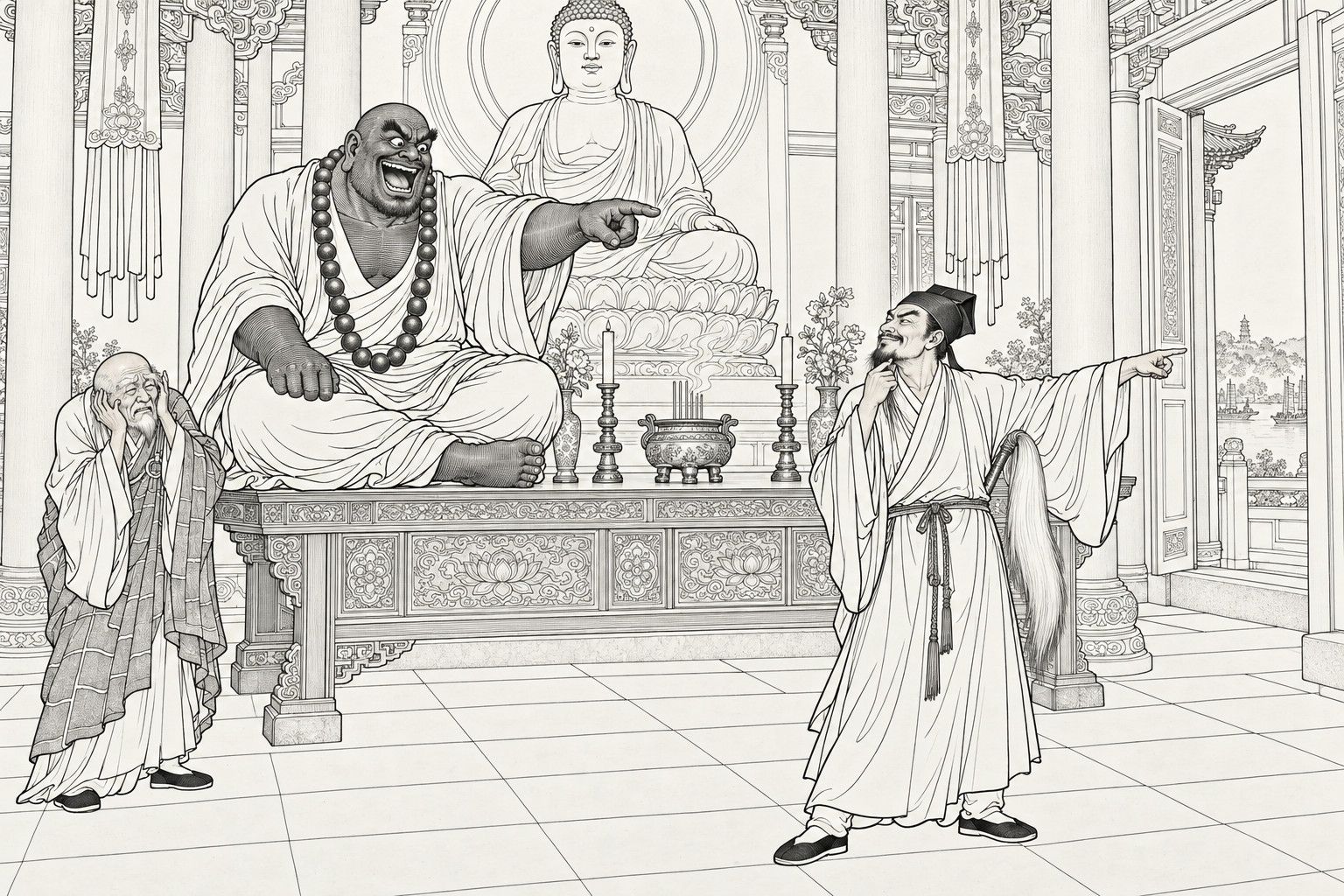 A line drawing in the manner of a late-Qing lithographed edition: in a temple hall before a seated Buddha, a gigantic black-faced monk sits cross-legged on the offering table laughing and pointing, a Daoist with a whisk strokes his beard and points away into the distance, and an old monk at the left holds a hand to his ear.