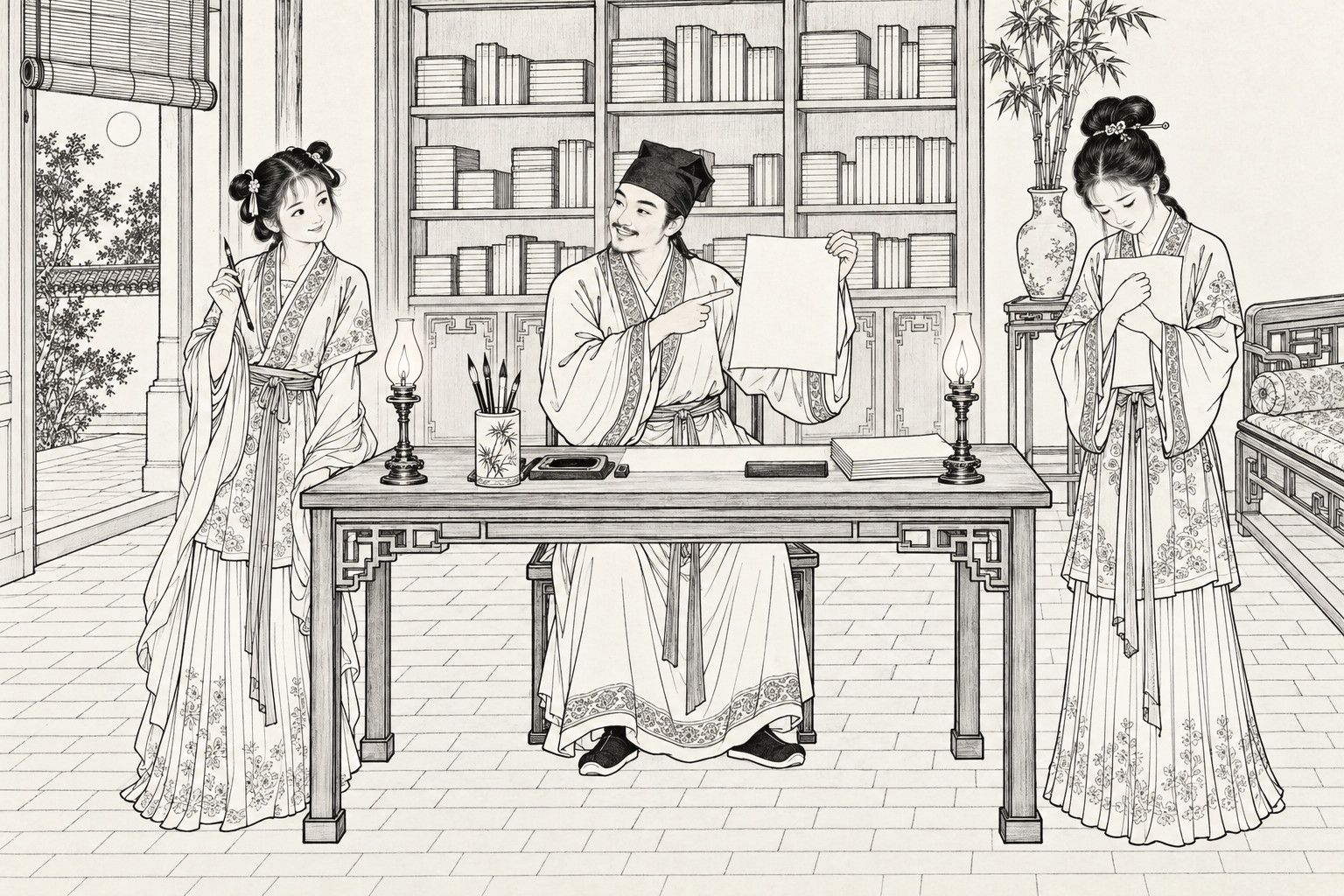 A line drawing in the manner of a late-Qing lithographed edition: in a study lined with books, a scholar sits behind his desk holding up a sheet of paper and pointing at it with a smile; on the left a young woman with a brush in hand looks pleased, while on the right another young woman hugs her own sheet to her chest, head bowed in embarrassment; two lamps and a brush pot stand on the desk.