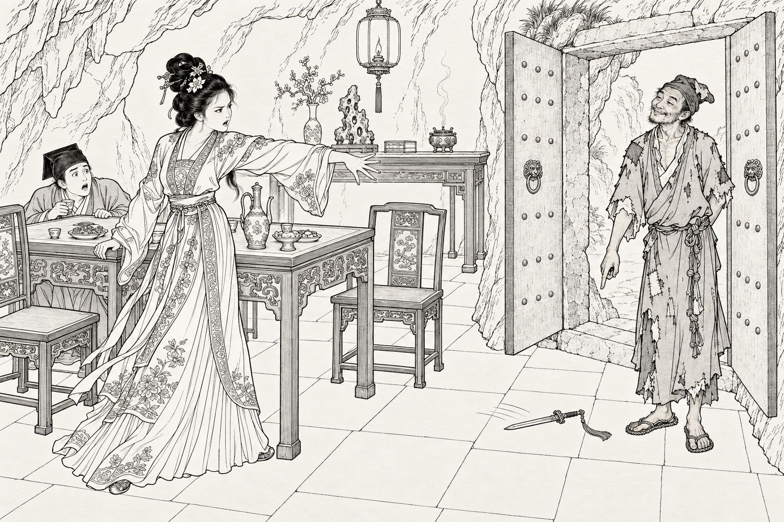 A line drawing in the manner of a late-Qing lithographed edition: in a cave dwelling, a young woman in a flowing robe stands with one arm flung out toward the open stone doors while a pale young scholar cowers behind the wine table, and a ragged monk smiles in the doorway pointing at a tiny sword lying on the floor.