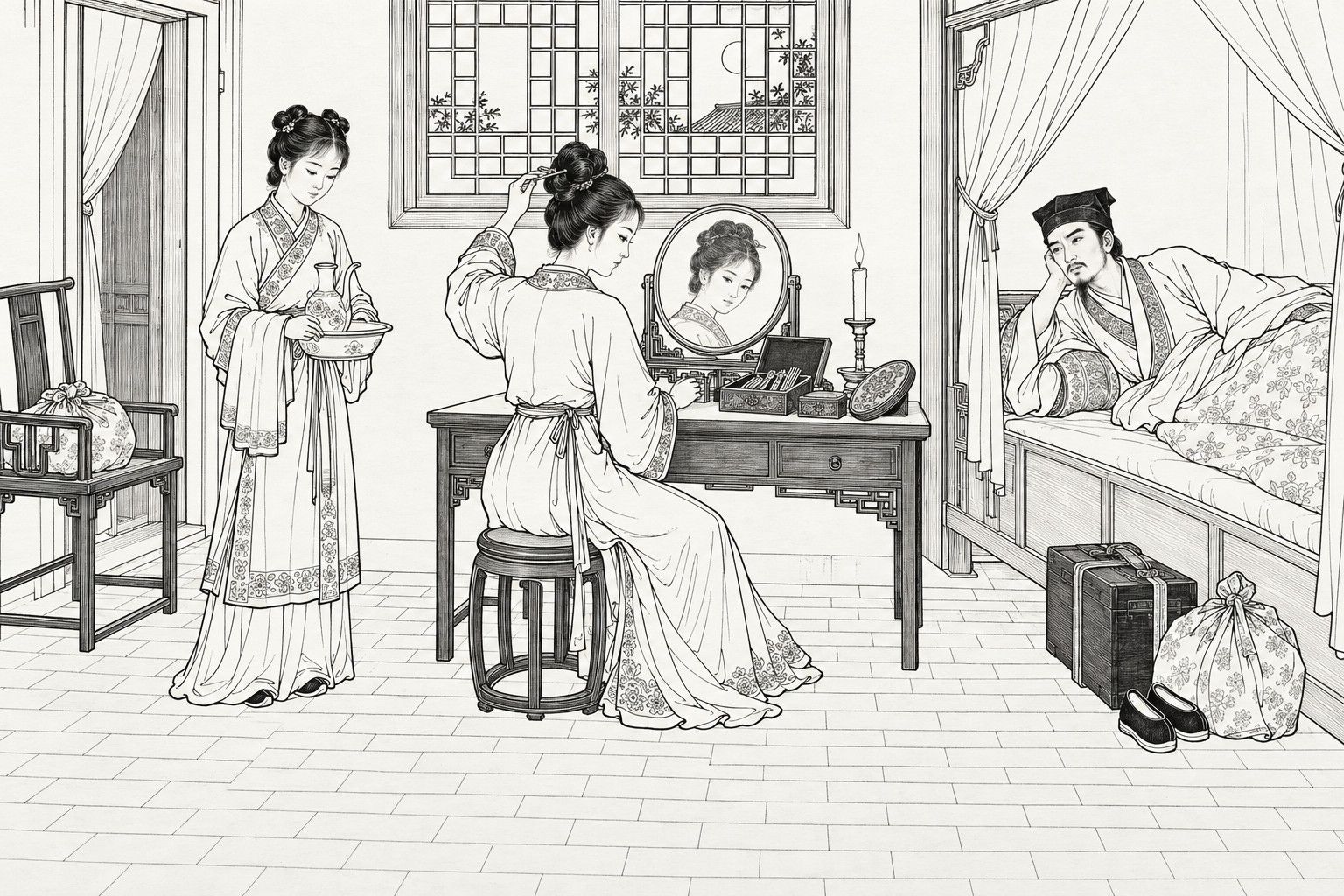 A line drawing in the manner of a late-Qing lithographed edition: at night in a plain inn guest room, a young wife seated on a round stool raises a hairpin to her hair knot before a mirror and a lit candle, a young maid stands beside her holding a ewer and basin, and a travelling scholar on a curtained bed at the right props himself on one elbow and watches, with a lattice window, a high-backed chair with a bundle, and a book-box and shoes by the bed.