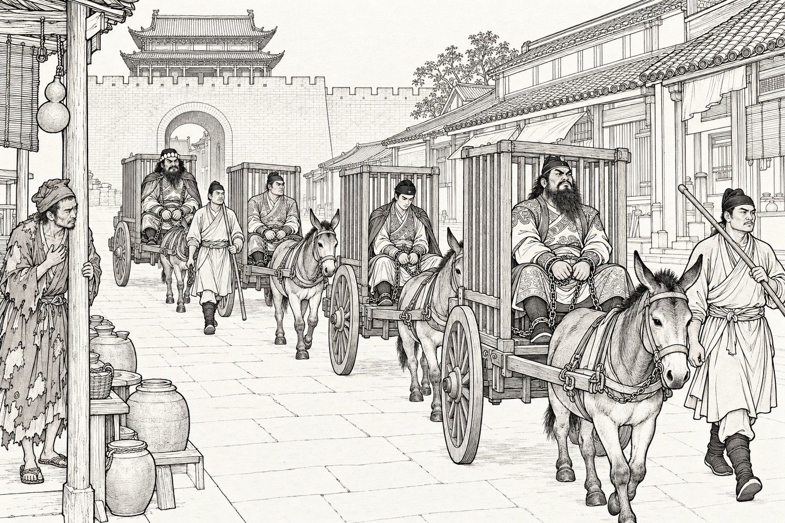 A line drawing in the manner of a late-Qing lithographed edition: on a street inside a city gate, a procession of wooden cage-carts drawn by donkeys carries four shackled men, two runners walk beside the carts, and at the left a ragged monk half hidden behind a stall post presses a hand to his chest and watches.