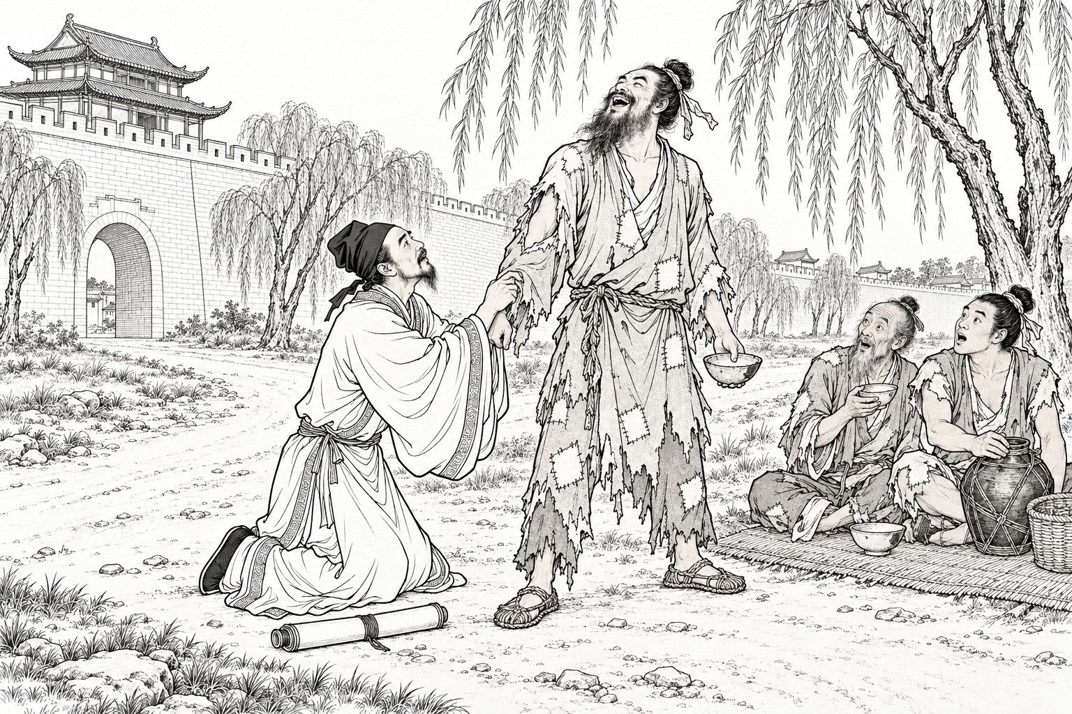 A line drawing in the manner of a late-Qing lithographed edition: on a dirt road beneath a city wall and gate tower in clear daylight, a scholarly painter kneels and grips the torn sleeve of a laughing, bearded beggar who throws back his head, while two seated beggars on a straw mat with a wine jar and bowls look on in surprise, willows and a rolled scroll nearby.