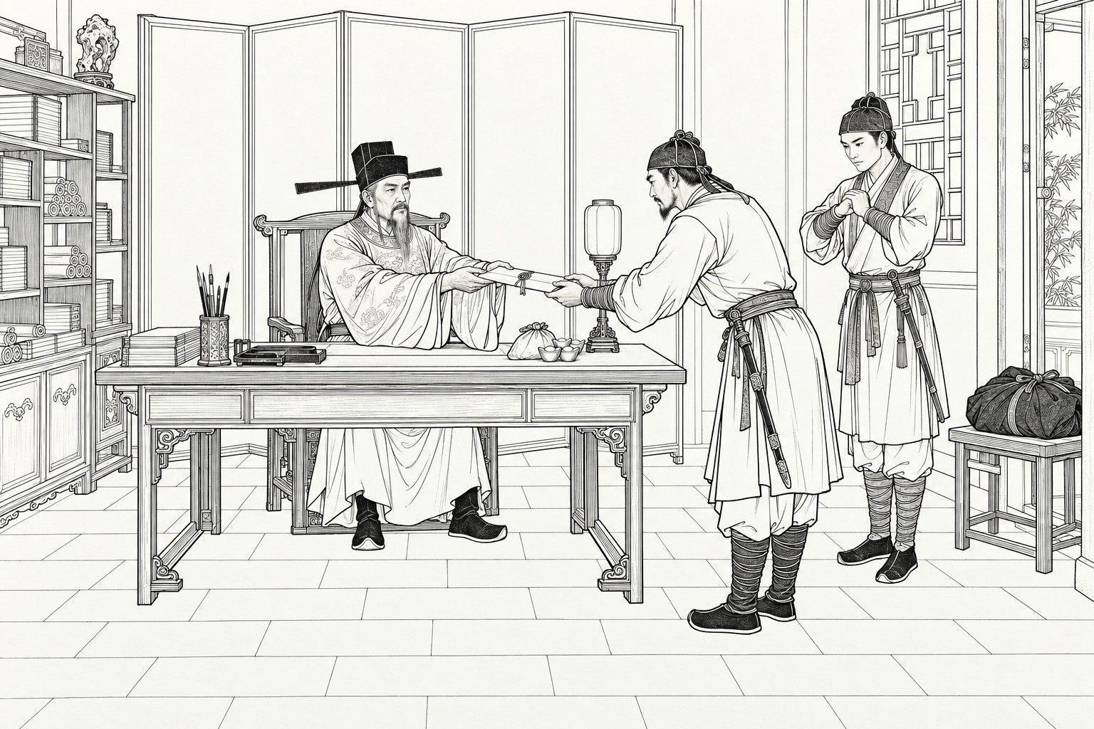 A line drawing in the manner of a late-Qing lithographed edition: in a minister's study, a grave old minister in a winged cap sits behind his desk holding out a sealed letter, an instructor with a sword at his belt takes it with both hands, and a younger man stands behind him with fist in palm, a small bundle of silver on the desk.