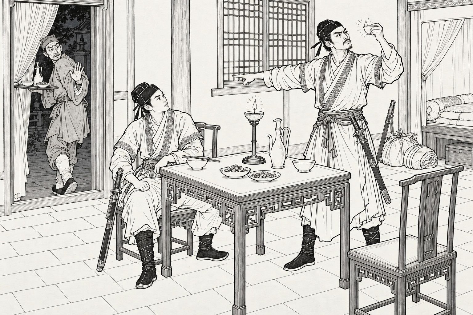 A line drawing in the manner of a late-Qing lithographed edition: at night in a temple guest room, a lean man with a sword at his side stands holding his wine cup up to a lamp and points at the door with the other hand, while his companion sits at the table looking up and a thin servant with a tray backs out of the doorway waving a hand.