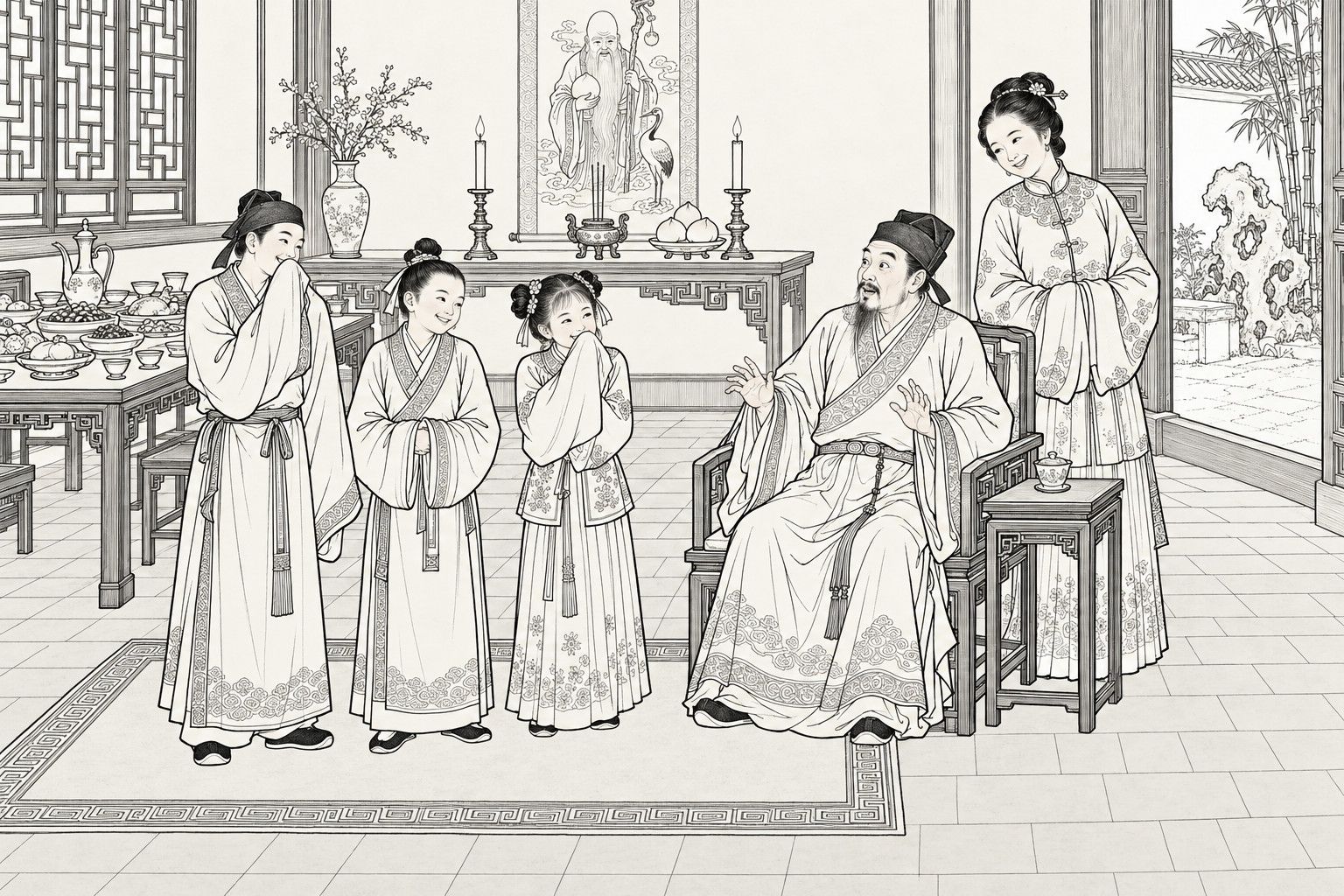 仿清末石印本的線描:壽辰清晨,殷實人家的廳堂裡,戴方巾的中年留須男子坐在椅上,雙手抬起,神情驚訝;一少年、一男孩、一女孩排成一行,掩袖而笑;一位含笑的婦人立在椅旁。背景是壽宴桌、壽星掛軸、紅燭和壽桃,門外庭院裡有翠竹和假山。