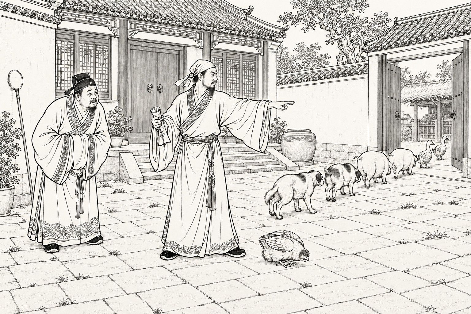 A line drawing in the manner of a late-Qing lithographed edition: in the paved courtyard of a country house by day, a lean man in a kerchief and wide-sleeved robe holds a scroll in one hand and points toward the open gate with the other, while a plump man in a scholar's cap stands beside him with hands in his sleeves, watching a dog, a spotted dog and two pigs and two ducks file out the gate and a single hen crouch on the bricks before him, with the tiled hall, a large stone jar, a tree and a thatched stable behind.