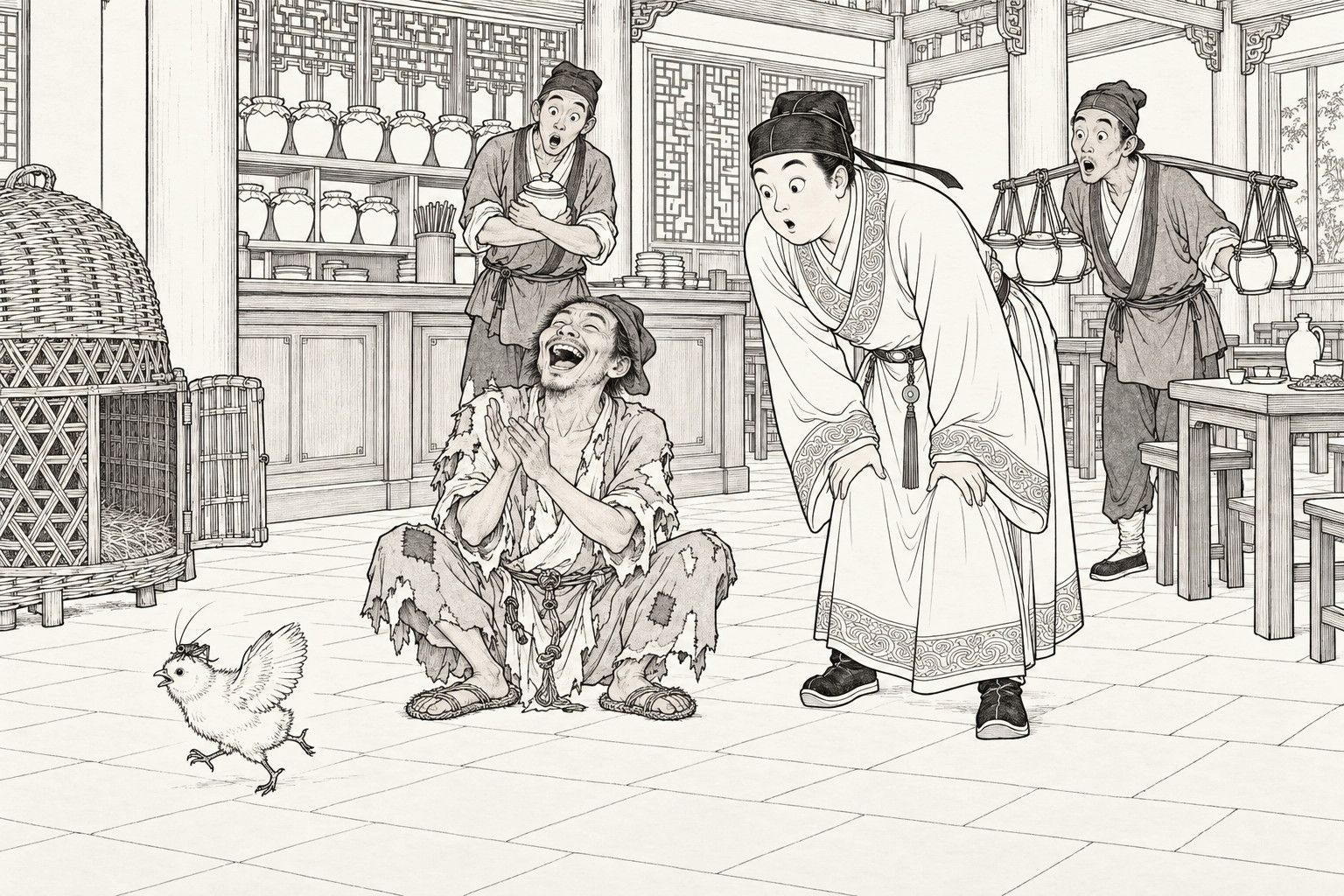 A line drawing in the manner of a late-Qing lithographed edition: in a restaurant hall, a ragged monk squats clapping his hands and laughing as a chick flaps away from a wicker coop, a rich young gentleman bends forward with his hands on his knees in amazement, and two cricket-keepers, one with a shoulder pole, gape behind.