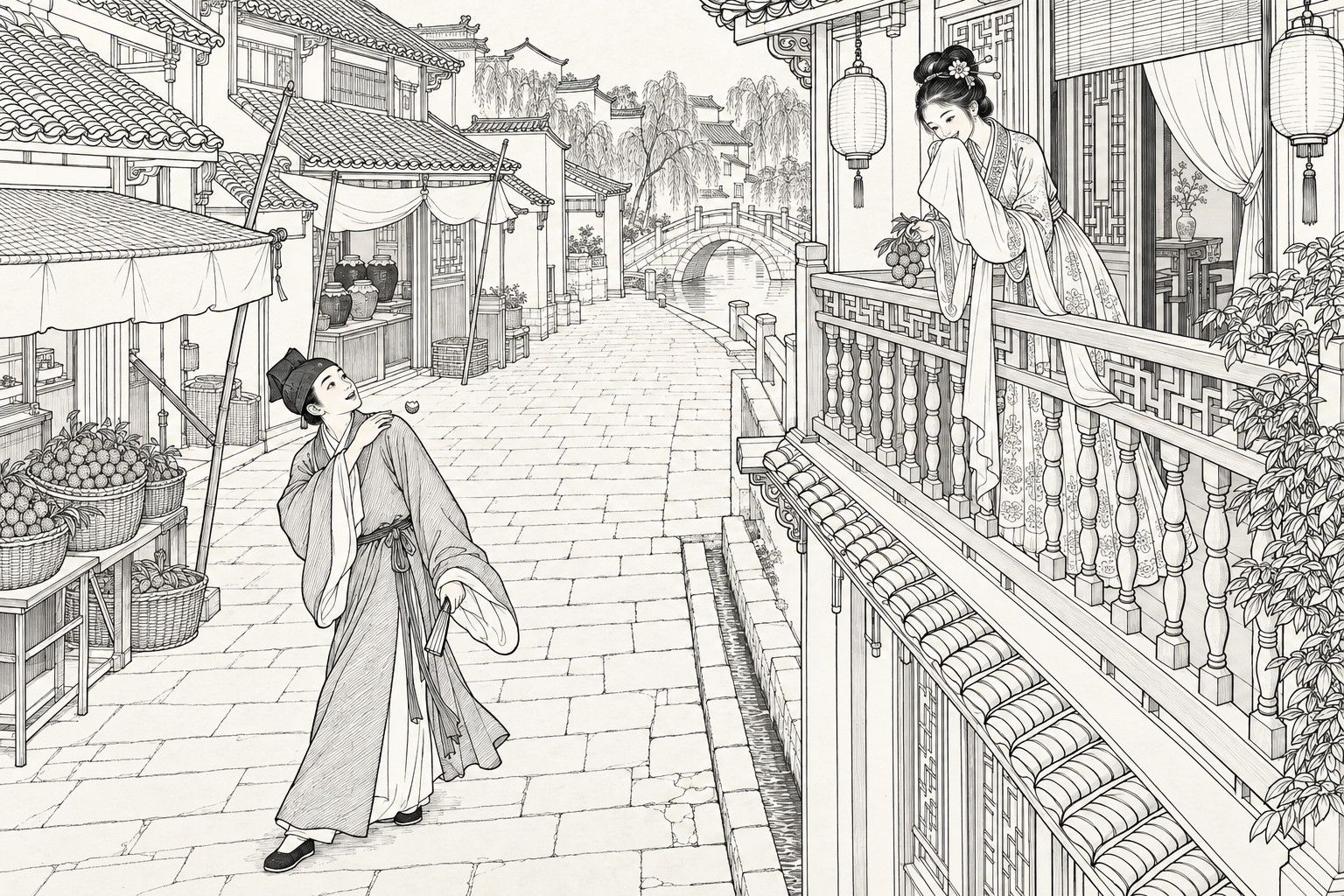 A line drawing in the manner of a late-Qing lithographed edition: on a market street of a Jiangnan town in the daytime, a young woman leans on the carved rail of an upper balcony with a sleeve over her mouth and a bunch of lychees in her hand, smiling down at a scholar in a soft cap and long gown who stops on the flagstones with a folded fan, looks up and raises a hand to his shoulder, with fruit baskets, shopfronts, willows and a small stone bridge behind.