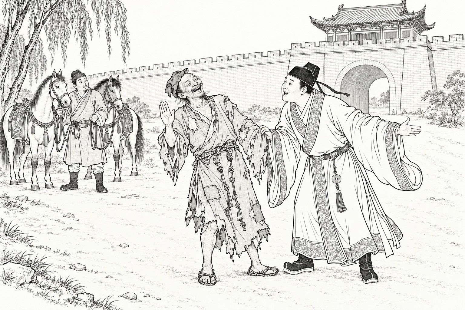 A line drawing in the manner of a late-Qing lithographed edition: on a road outside a city gate, a rich young gentleman in a winged cap grips the torn sleeve of a ragged monk and sweeps his other arm wide in plea, while the monk doubles over laughing and holds up a hand to refuse, and a groom stands with two saddled horses behind.