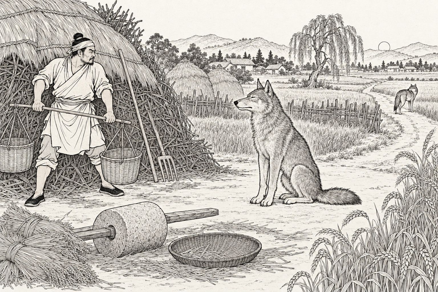 A line drawing in the manner of a late-Qing lithographed edition: at the edge of a farm threshing ground at dusk, a butcher with a headband stands with his back against a thatched stack, gripping a carrying pole with two baskets and watching warily; a wolf sits on its haunches like a dog a few steps away, eyes half closed, and a second wolf stands far off on the field path looking back.