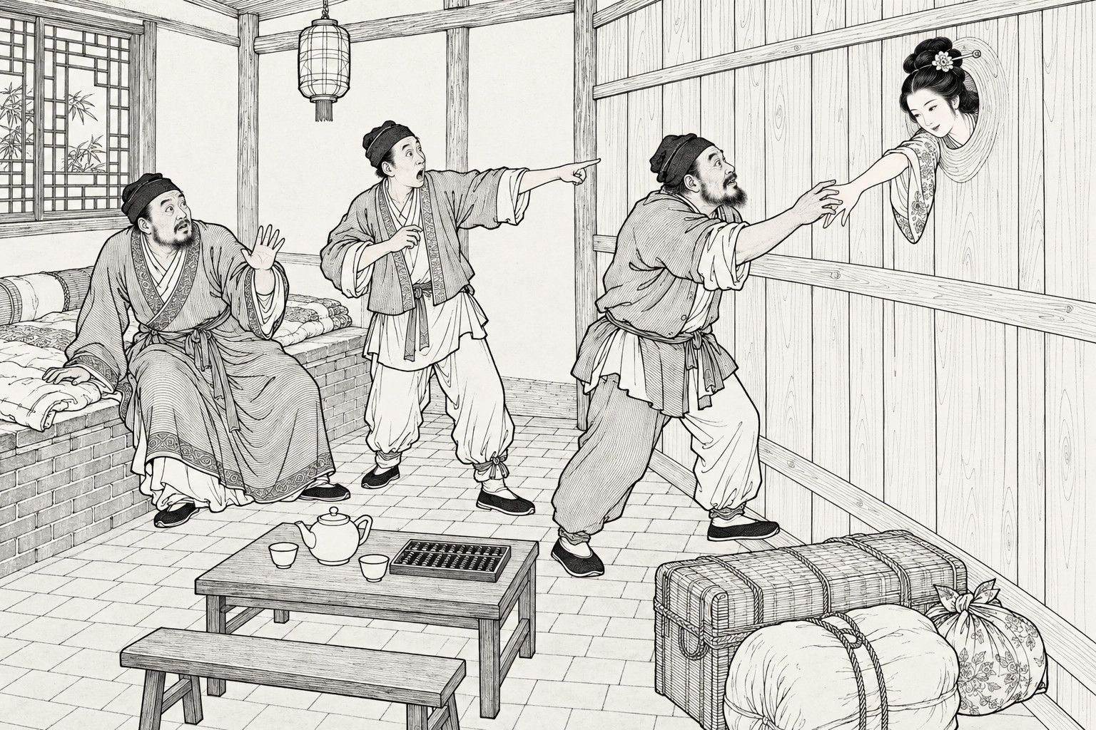 A line drawing in the manner of a late-Qing lithographed edition: In a plain inn room by daylight, three startled travelling merchants react to a young woman with a high chignon who has put her head and one bare arm through a round knot-hole in the plank partition, one sitting half-risen on the brick bed with his hand raised, one pointing with his mouth open, and one stepping forward to catch her hand, with a low table, teapot, abacus, lantern and bundled luggage around them.
