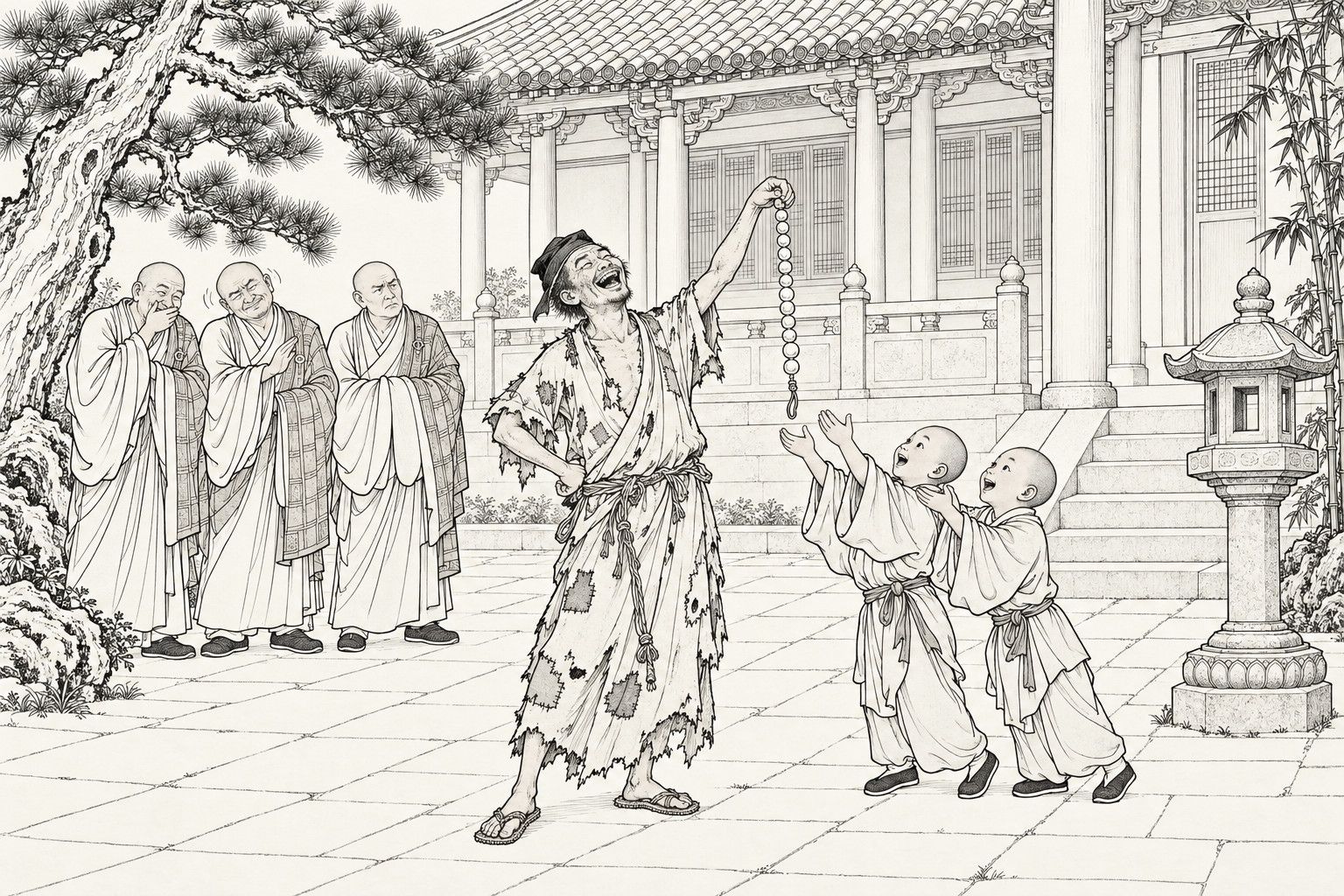 A line drawing in the manner of a late-Qing lithographed edition: in a temple courtyard, a ragged monk laughs and dangles a long string of big round beads high in front of him as two shaven-headed boy monks reach up for it, while three older monks stand together at the left, one with a hand over his mouth, one shaking his head.