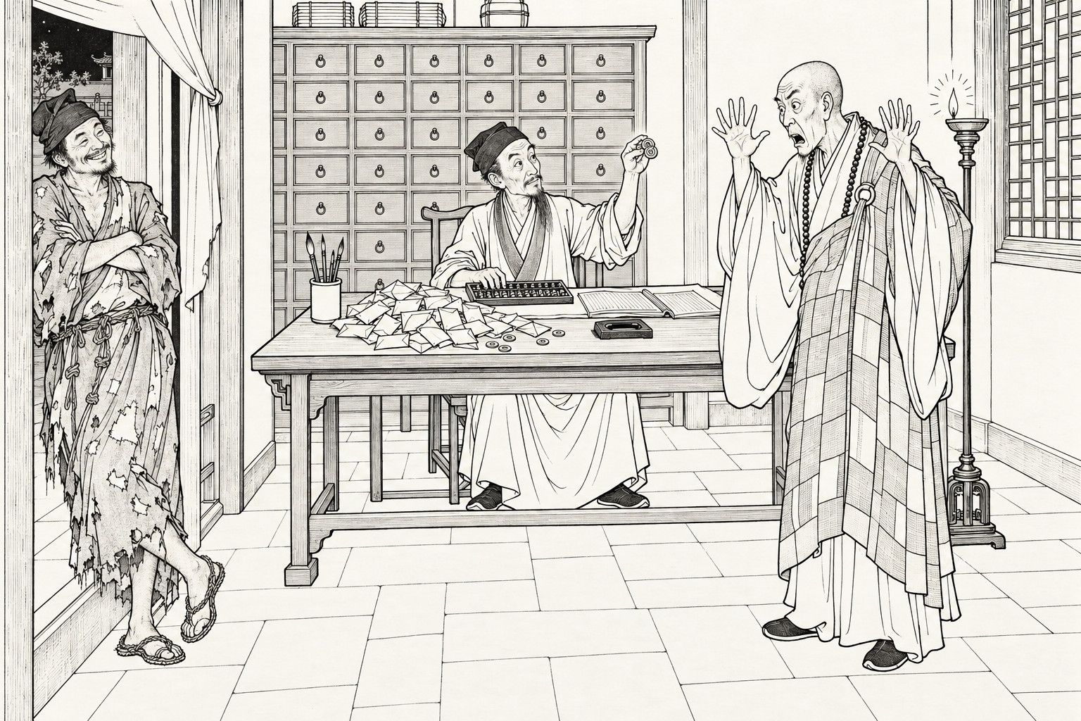 A line drawing in the manner of a late-Qing lithographed edition: at night in an accounts room lit by one lamp, a thin accountant holds up a few coins from a paper envelope among a heap of envelopes on the desk, a steward monk in a patched robe raises both hands in horror, and a ragged monk leans on the doorframe with folded arms, smiling.