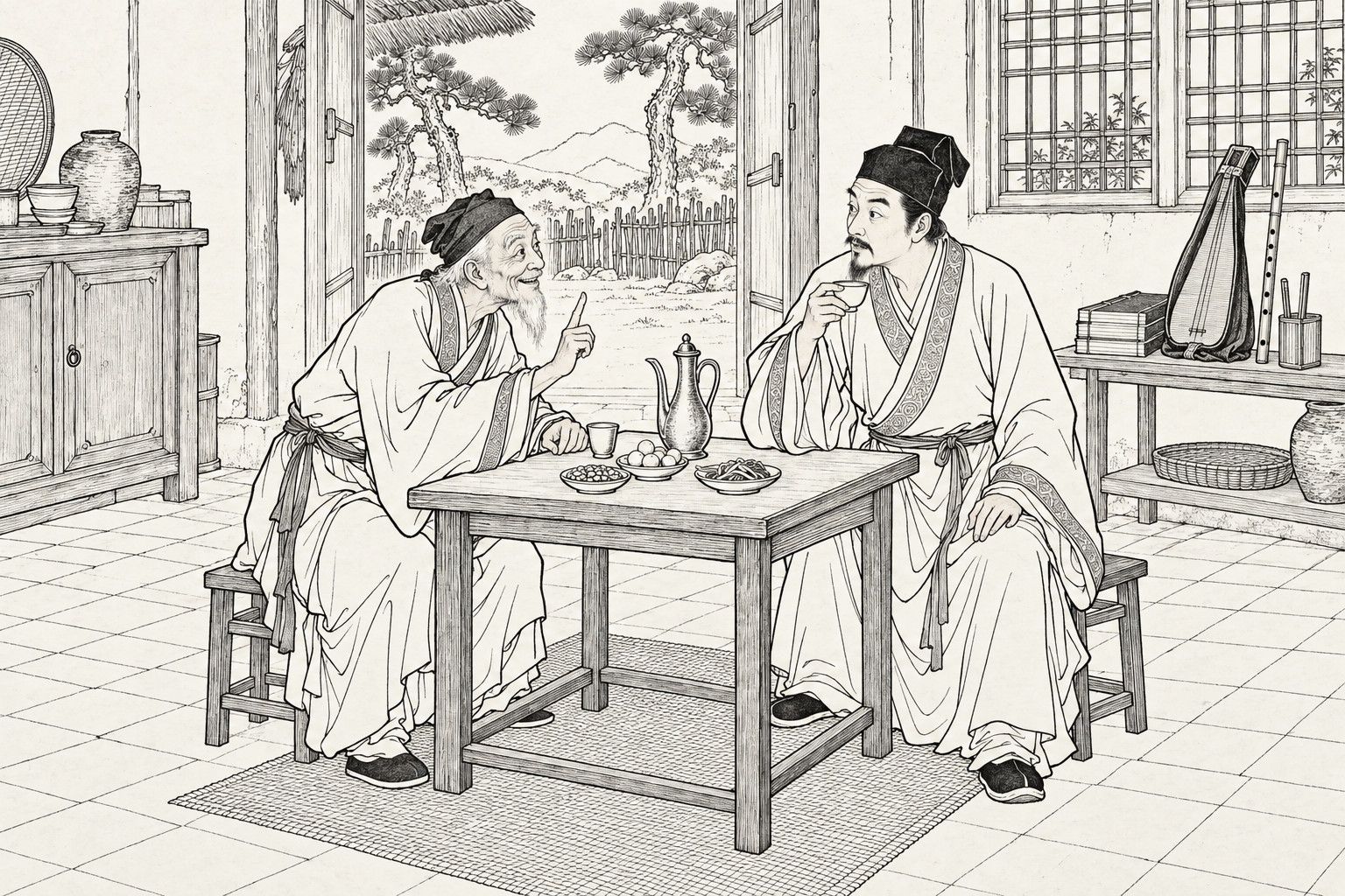 A line drawing in the manner of a late-Qing lithographed edition: in the main room of a mountain cottage by day, a smiling white-bearded old man leans across a small square table and raises one finger as he speaks, while a scholar in a square cap and long gown lifts his wine cup and looks back at him, with a wine pot and small dishes on the table, and an open door behind them showing a brushwood fence, pine trees and distant hills.