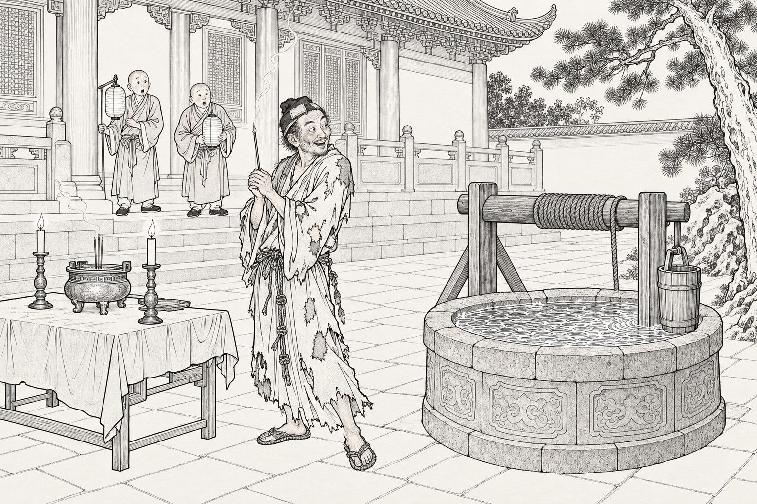 仿清末石印本的線描：半夜的寺院後院裡，破衣和尚手裡拿著一炷點燃的香，站在擺著蠟燭的供桌旁，轉過頭，面露欣喜地望著一口水滿到井沿的石井；臺階上兩個提著燈籠的小沙彌站得遠遠的。