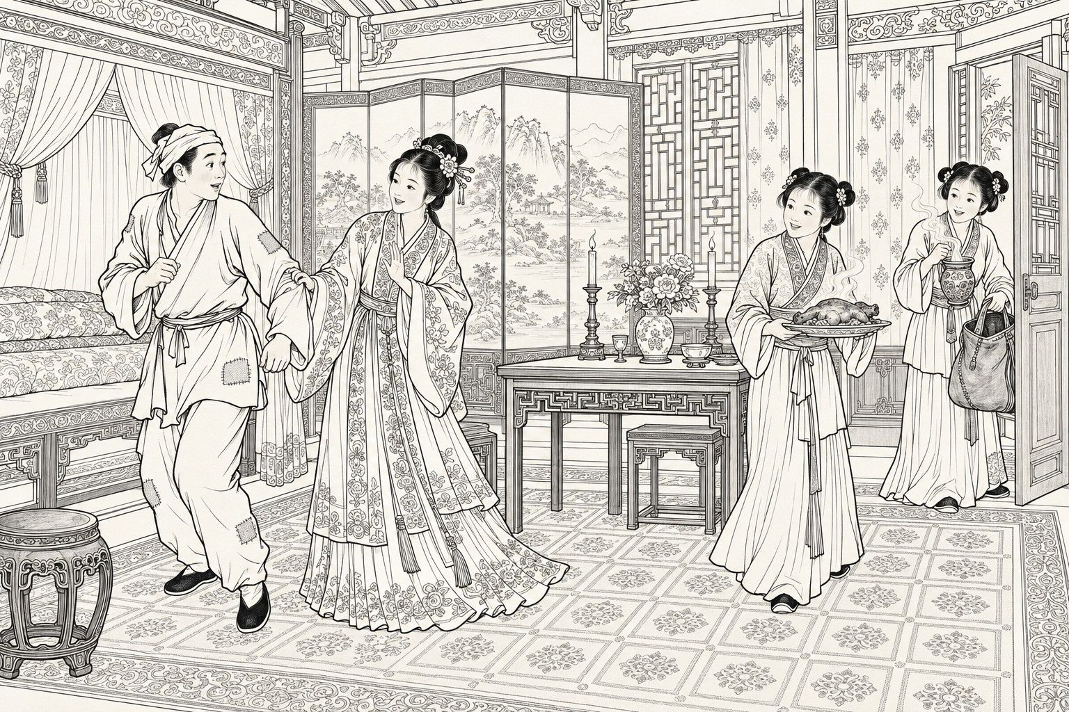 A line drawing in the manner of a late-Qing lithographed edition: in a splendid bridal chamber at night, a smiling young bride catches the sleeve of a poor young man in a patched jacket as he turns to hurry out, while one maid at a half-open door lifts a steaming wine jug from a leather bag and another maid carries a dish of roast meat toward a table set with candlesticks, cups and a vase of flowers, with a curtained bed, a landscape screen and a lattice window behind them.