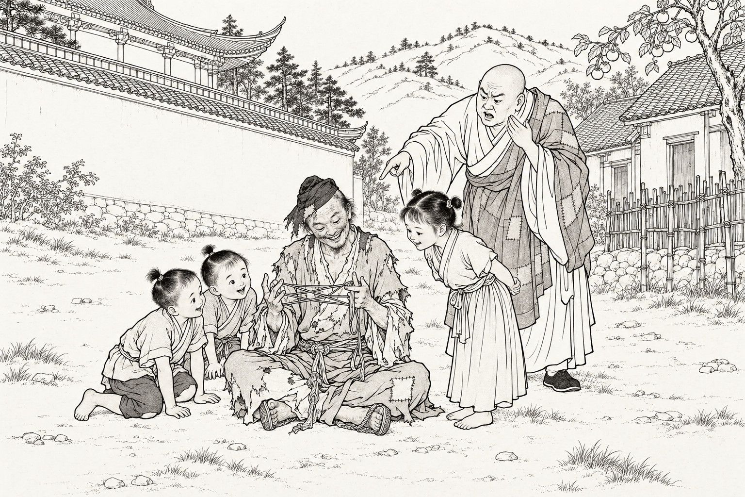 A line drawing in the manner of a late-Qing lithographed edition: on open ground behind a mountain temple, a ragged monk sits cross-legged making a cat's-cradle of sash cord as three village children crowd round delighted, while a monk in a patched robe stands over them pointing at the monk's face with an anxious frown.