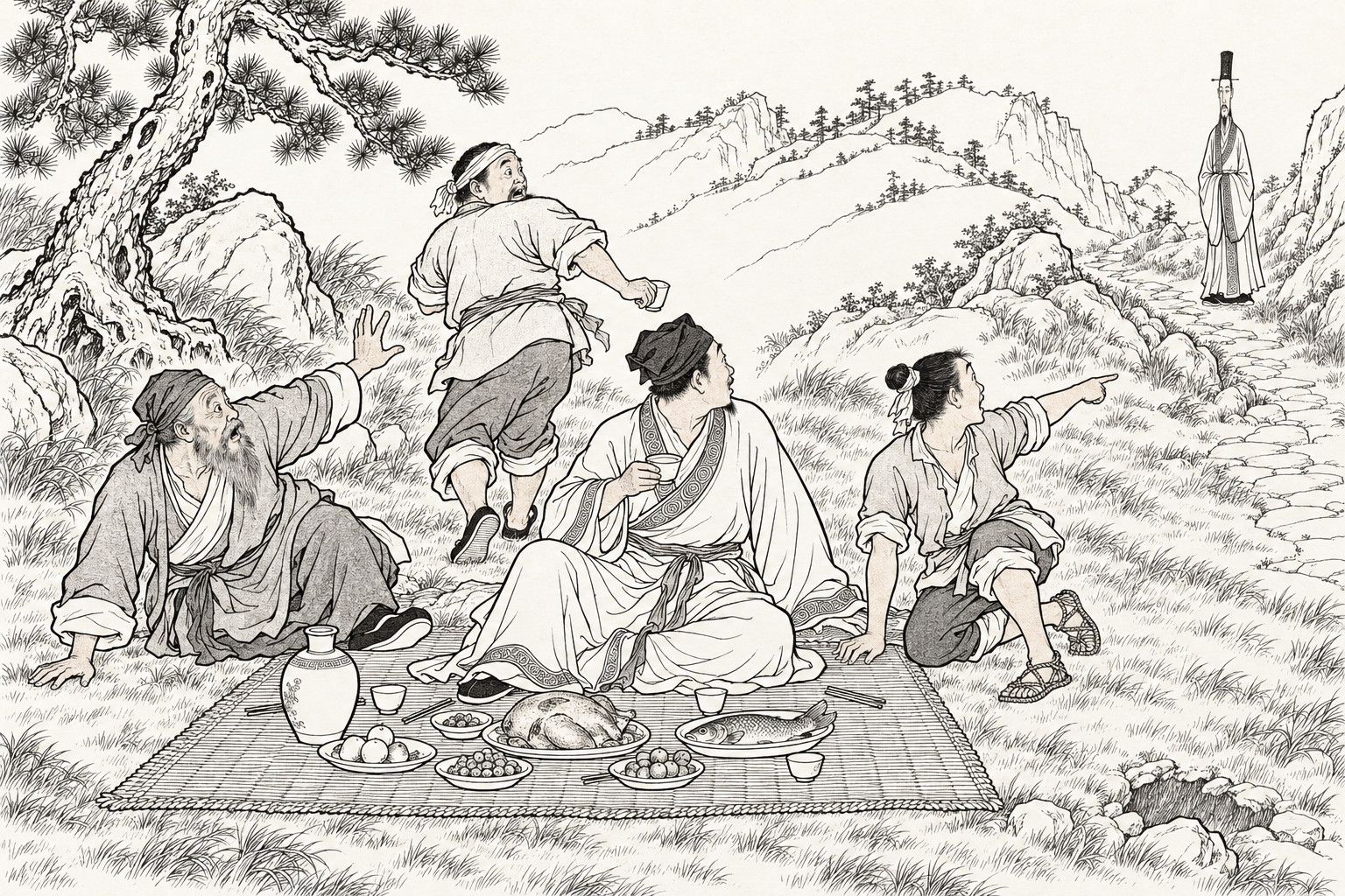 A line drawing in the manner of a late-Qing lithographed edition: on a grassy mountainside in daylight, a scholar sits on a straw mat with a wine cup in hand and turns to look, while three country drinkers start up in alarm, one half risen with a hand raised, one turning to run and one kneeling and pointing, toward a small, tall-hatted, long-faced robed figure standing on a stone path in the distance, with a roast fowl, a fish, fruit dishes and a wine jug on the mat, and a pine and boulders beside them.