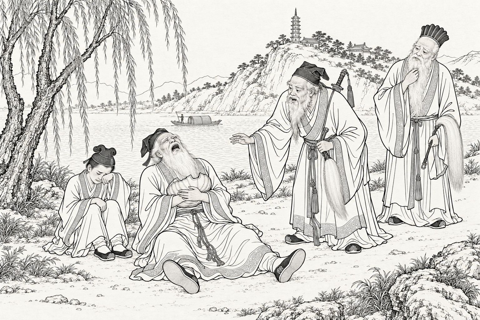 A line drawing in the manner of a late-Qing lithographed edition: on a path beside a river below a hilltop pagoda, a very old white-bearded Daoist sits in the dust wailing with his head thrown back and half a split gourd hugged to his chest, a young Daoist weeps beside him, and two other old Daoists stand over them.