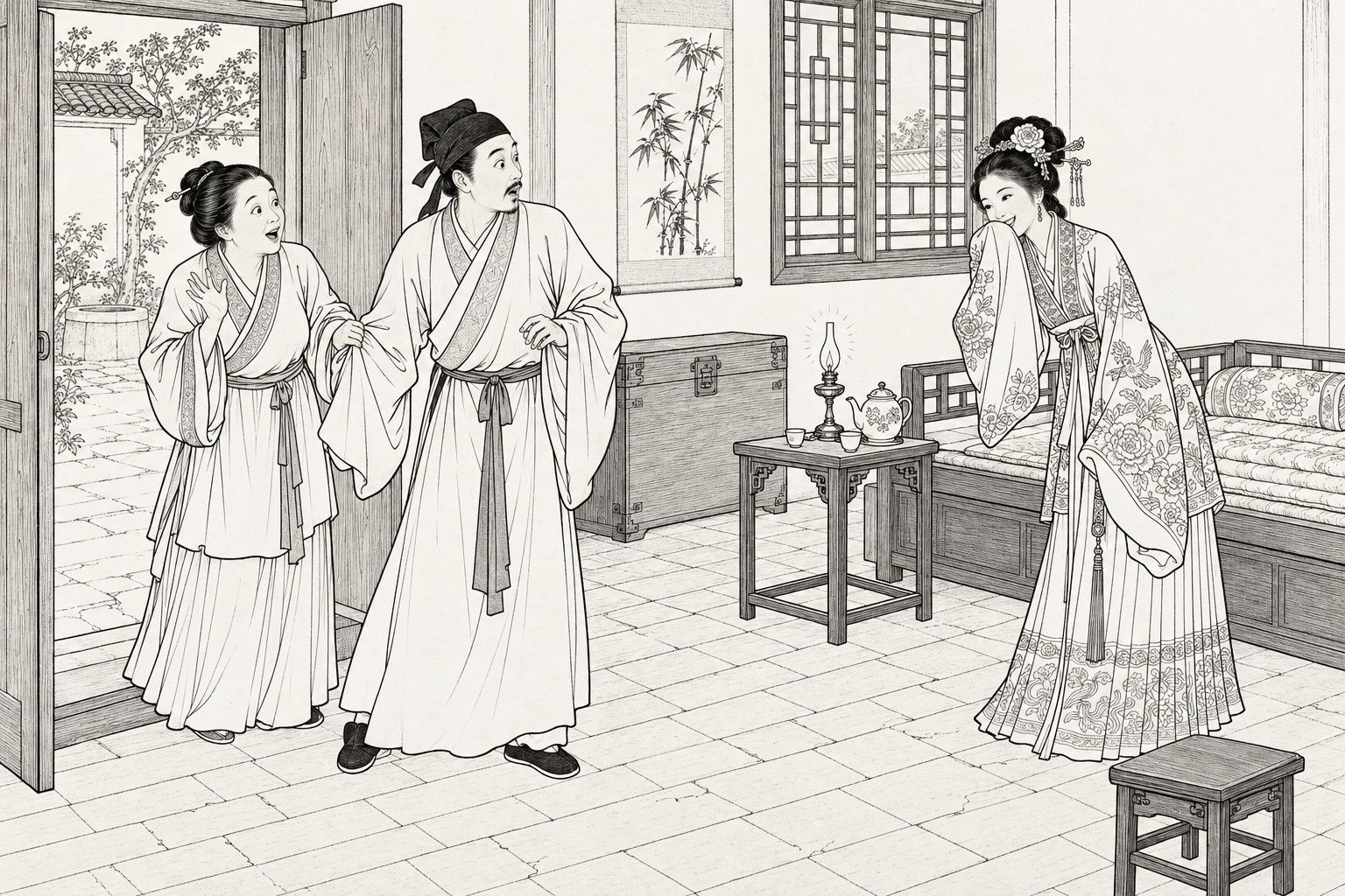 A line drawing in the manner of a late-Qing lithographed edition: at dusk in a small plain room, a housewife tugs her astonished, open-mouthed husband by the sleeve through the open door, while a richly dressed young woman by the couch rises and laughs behind her raised sleeve, with a lamp table, a chest, a bamboo scroll and a lattice window about the room.