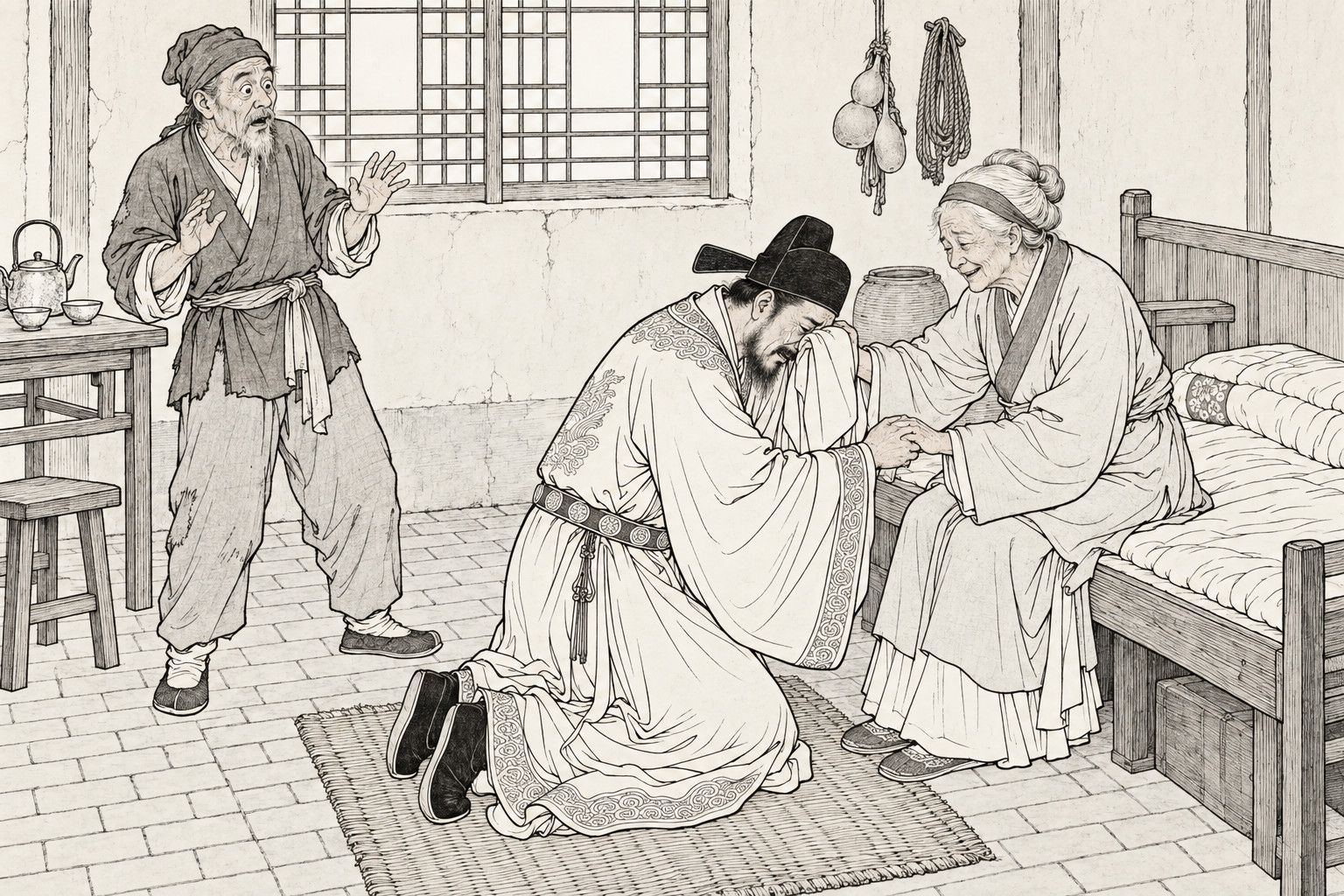 A line drawing in the manner of a late-Qing lithographed edition: inside a poor but tidy room, a middle-aged minor official in a winged gauze cap kneels on a straw mat holding an old woman's hand and weeping into his sleeve, while she sits on the edge of a plain wooden bed and touches his shoulder, and an old runner in a worn short jacket stands at the left with raised hands, astonished, beside a small table, a window with paper panes and hanging gourds.