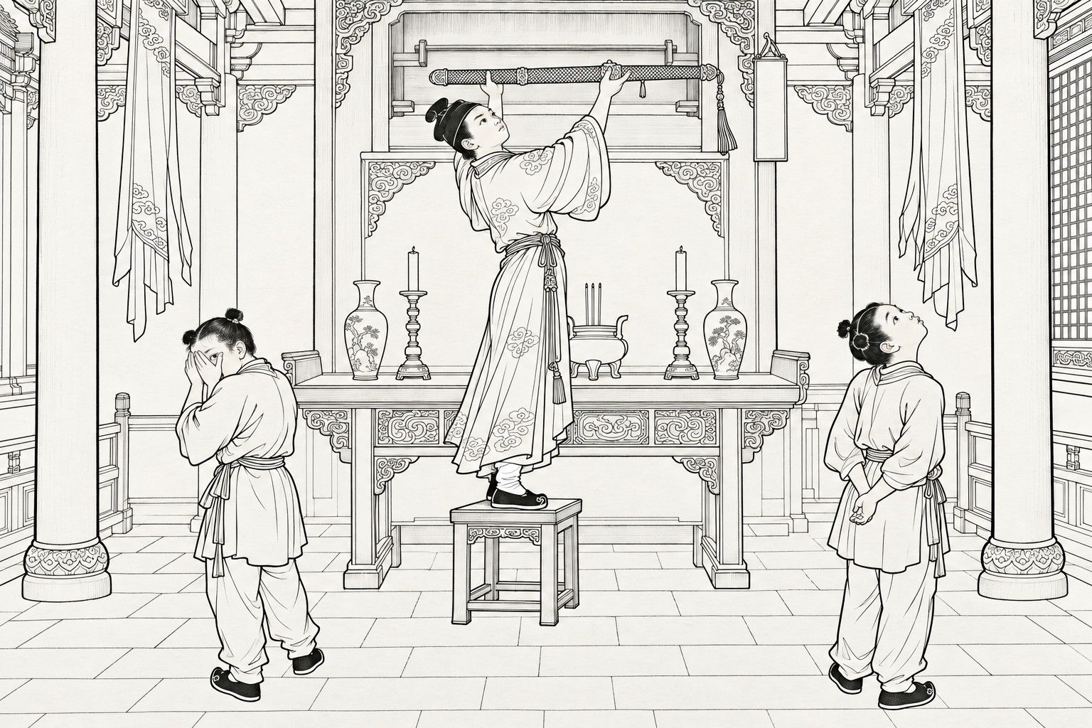 A line drawing in the manner of a late-Qing lithographed edition: in the last hall of a Daoist temple, a boyish young Daoist stands on a stool before the altar and lifts a long sword in its scabbard down from a wall niche, while two temple boys stand below, one covering his eyes with both hands and one looking up.