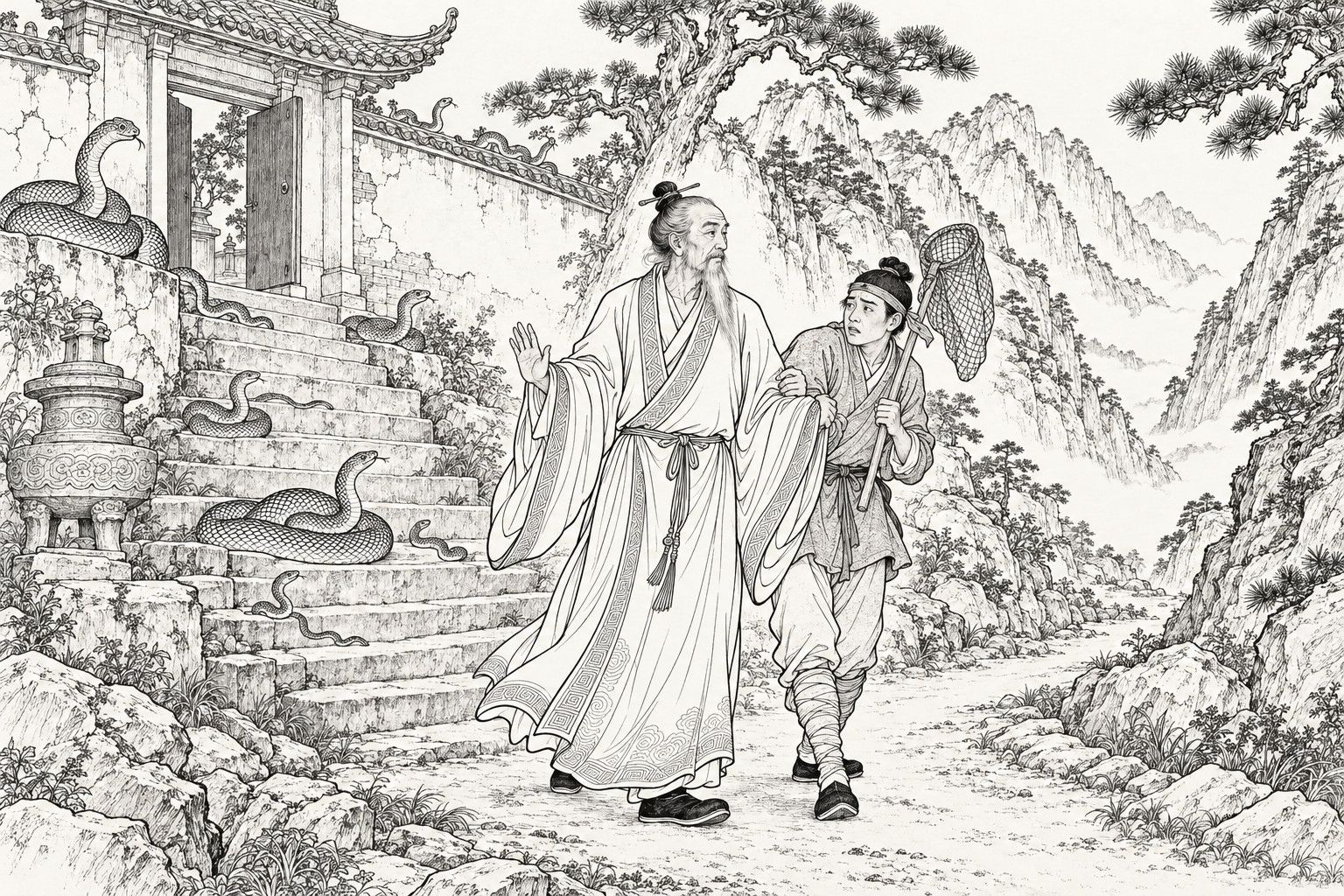 A line drawing in the manner of a late-Qing lithographed edition: early morning in the hills before an old mountain monastery gate, a calm old Daoist in a topknot and long robe raises one hand to reassure a nervous young hawk-catcher who clings to his sleeve with a net pole on his shoulder and glances back at the snakes coiled on the wall and stone steps, while a path winds toward a valley mouth between pines and rocks.