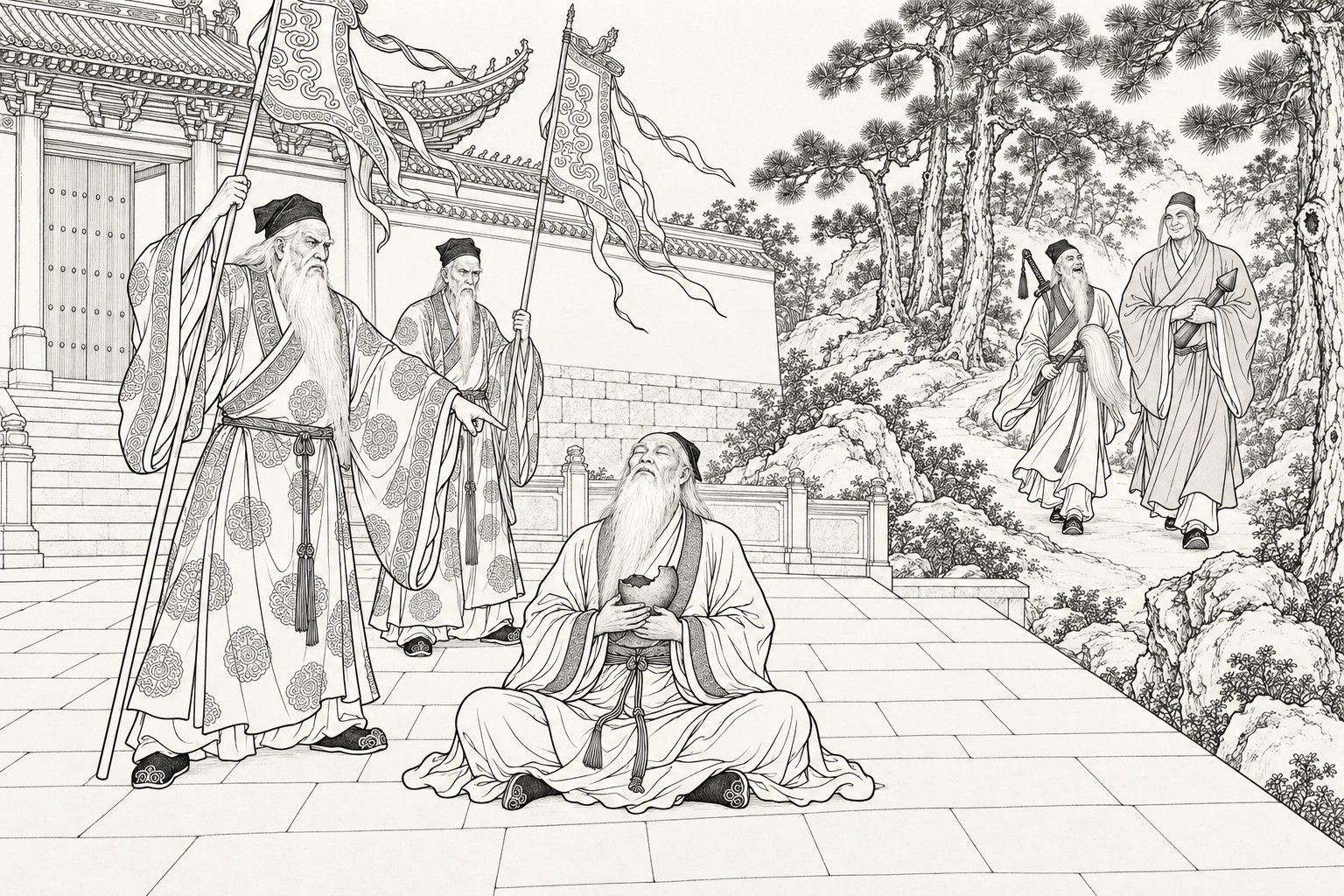 A line drawing in the manner of a late-Qing lithographed edition: before a hilltop temple gate, a very old white-bearded Daoist sits cross-legged on the paving with his eyes shut and a broken gourd half held to his chest, while two stern old Daoists raise long pennant-banners over him and a monk and a Daoist walk down the pine path at the back.
