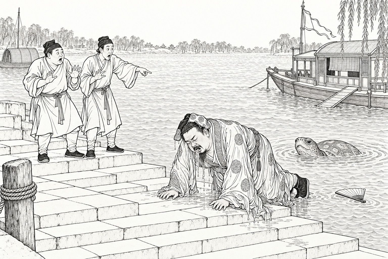 A line drawing in the manner of a late-Qing lithographed edition: on the stone steps of a river landing, a stout nobleman with a scarred nose crawls on hands and knees, soaked and coughing up water, while two servants on the steps gape with raised hands, a folding fan floats on the water and a big turtle sinks back with only its head showing.