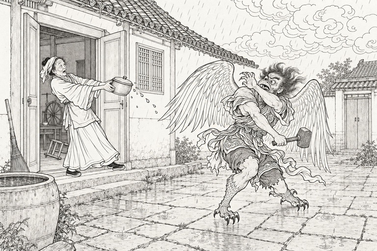 A line drawing in the manner of a late-Qing lithographed edition: on a rainy day in the paved courtyard of a village house, an old woman in the doorway leans back in fright and flings a lidded pot toward a winged, clawed thunder spirit, who twists away with a hammer in one hand and the other arm raised over his face, under rolling clouds, with a water vat, a broom and a spinning wheel nearby.