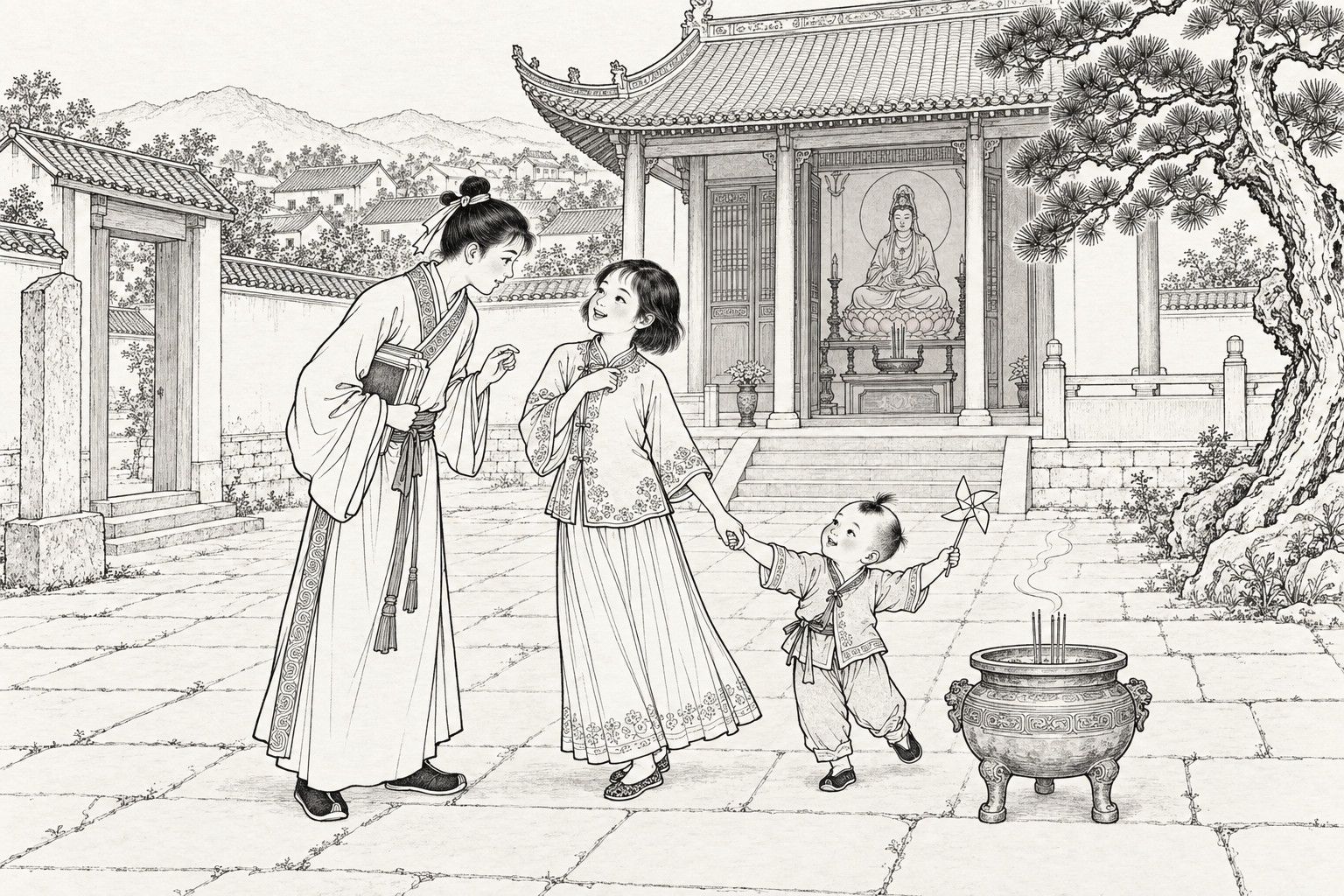 A line drawing in the manner of a late-Qing lithographed edition: in the daytime courtyard of a village Guanyin shrine, a schoolboy in a long gown with books under his arm leans toward a short-haired girl who laughs up at him while holding the hand of a toddler with a paper pinwheel, with a bronze incense burner in the foreground, the shrine hall with its seated Guanyin statue behind them, a gateway and stele at the left, and an old pine at the right.