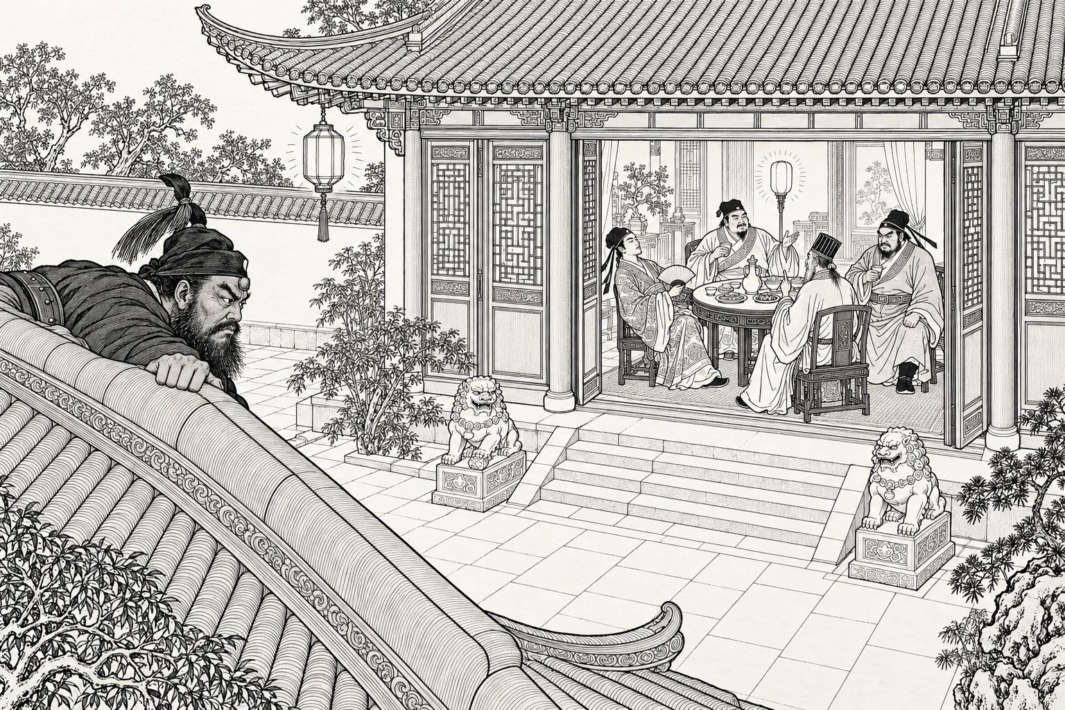 A line drawing in the manner of a late-Qing lithographed edition: at night, a tall constable lies on a tiled roof ridge in the foreground with only his head and hand over it, peering across the courtyard into a lamplit hall with open doors where four men sit drinking and talking round a table.