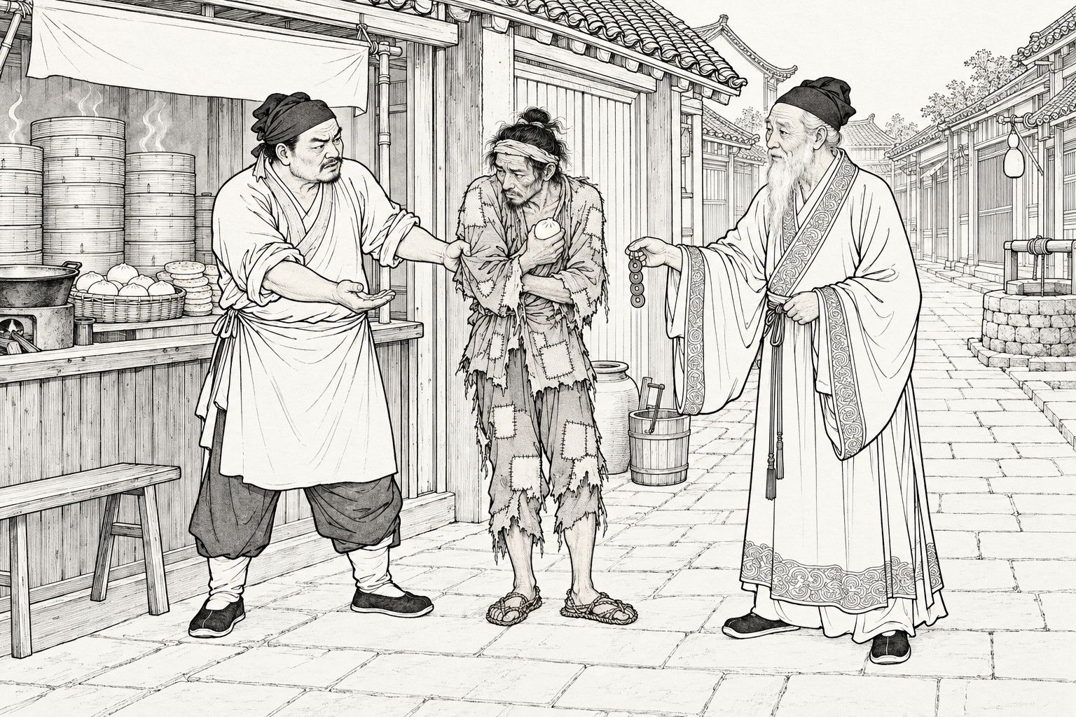 A line drawing in the manner of a late-Qing lithographed edition: in daytime in front of a food shop on a county-town market street, a stout shop assistant grips the sleeve of a ragged, hunched man clutching a steamed bun and holds out his palm for payment, while a white-bearded old gentleman in a long gown holds out a string of copper cash to pay for him, with bamboo steamers, a stove, a water jar and bucket, and a stone well along the empty paved street.