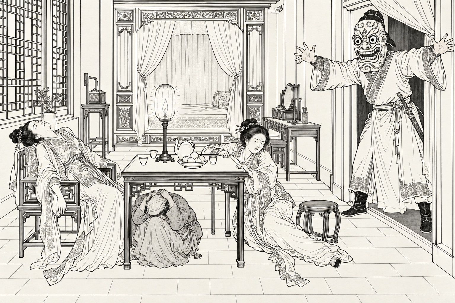 A line drawing in the manner of a late-Qing lithographed edition: in a lamplit inner room, a very tall intruder in a huge grotesque ghost mask stands in the doorway with his arms flung wide, a young lady has fainted backward over her chair, another slides off her seat to the floor, and an old serving woman crouches under the table with her arms over her head.