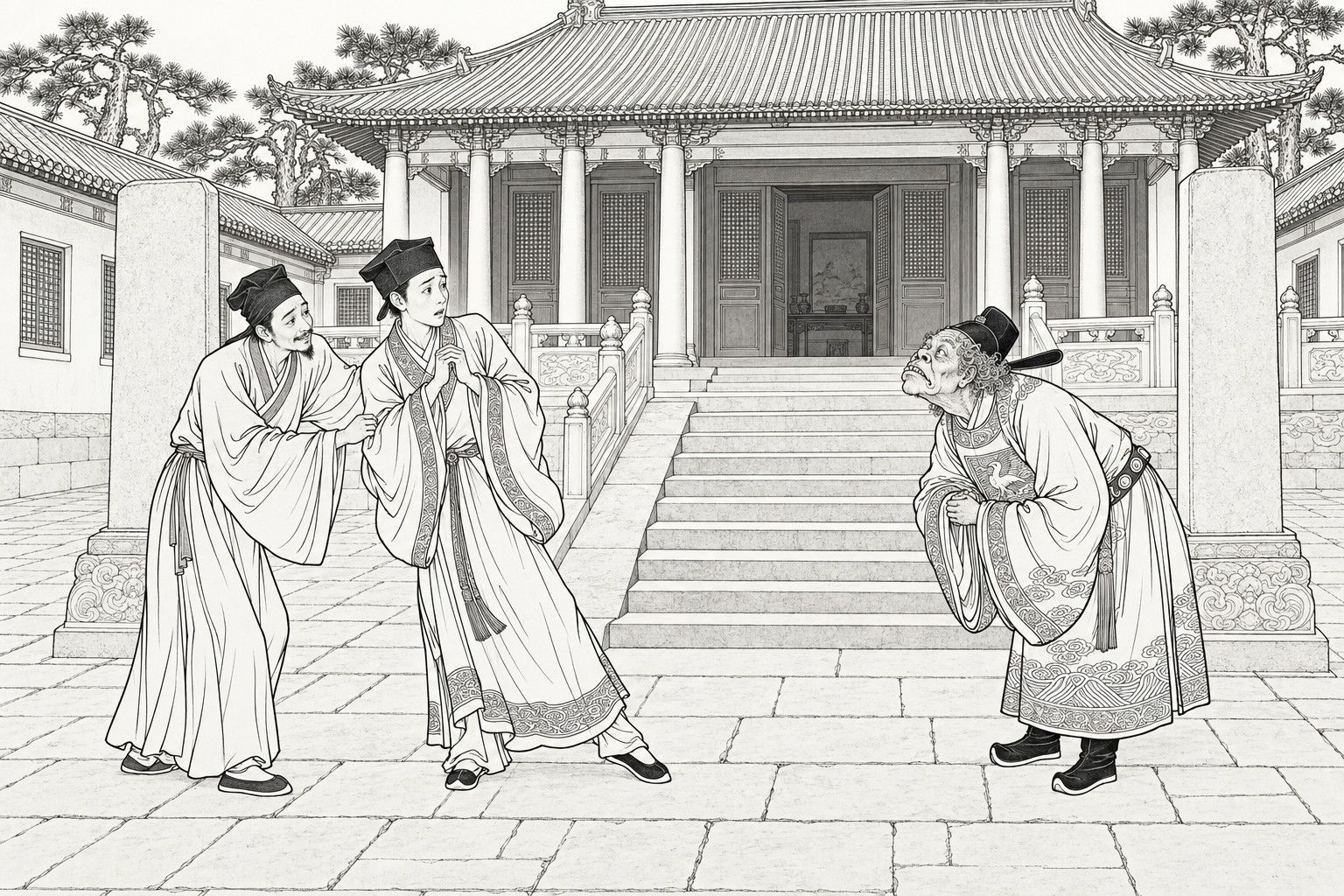 A line drawing in the manner of a late-Qing lithographed edition: in the paved front courtyard of a government hall, a hunched, comically ugly old official in a rank robe bows with clasped hands at the foot of the steps, while a pale young scholar leans back with hands raised in alarm and a thin scholar behind him holds his sleeve, between two tall stone tablets and before a pillared hall with pines behind.