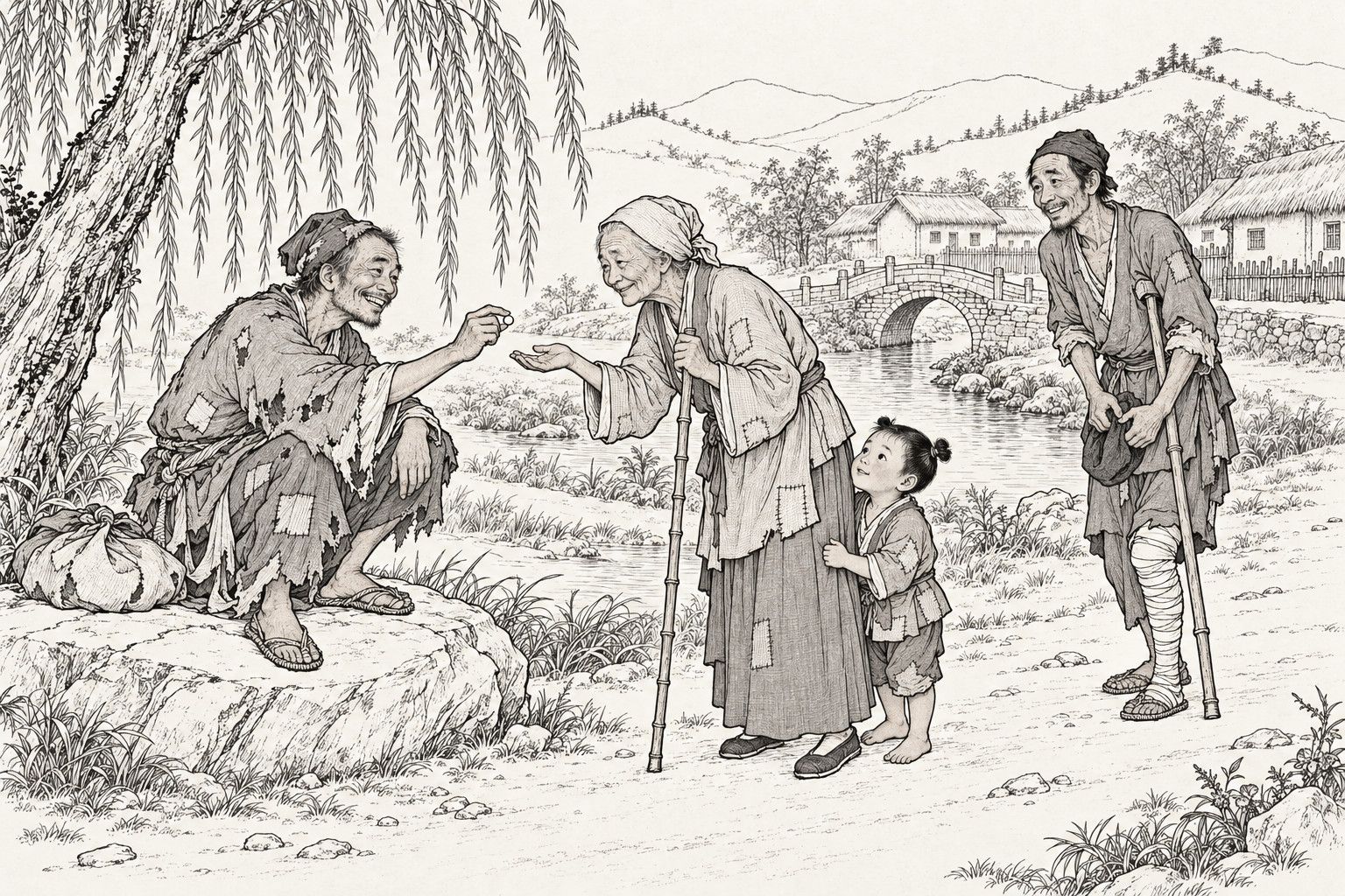 A line drawing in the manner of a late-Qing lithographed edition: beside a country road and stream, a ragged monk crouching on a roadside stone holds out a tiny pill between his fingers to a bent old woman leaning on a bamboo stick, whose small grandson clings to her leg, while a thin man with a bandaged leg waits on a crutch behind them.