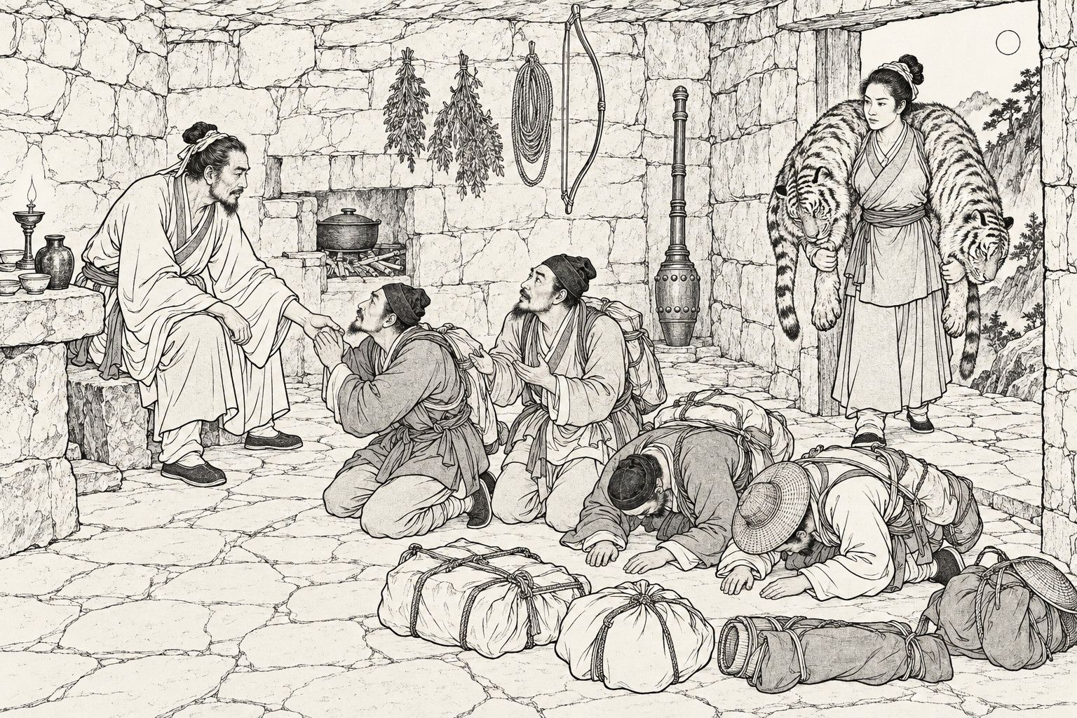 A line drawing in the manner of a late-Qing lithographed edition: at night inside a rough stone chamber on a mountain ridge, a seated bearded man reaches out to raise one of four kneeling, bowing travellers, while at the entrance on the right a sturdy woman with two dead tigers across her shoulders looks on; packs lie on the flagstones, and herbs, a bow, a cooking pot and a bronze mace stand around the walls.