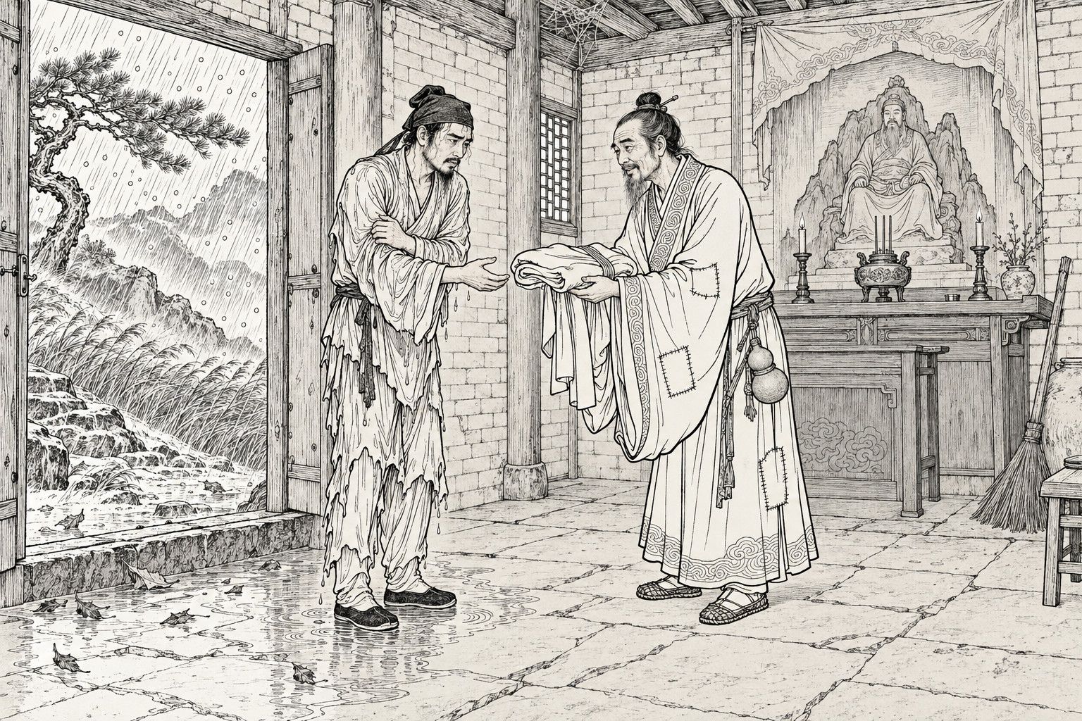 A line drawing in the manner of a late-Qing lithographed edition: inside a small old mountain shrine during a storm, a drenched, shivering man with one arm hugged across his chest reaches out a hand, while a kindly Daoist in a patched robe with a gourd at his waist holds out a folded cloth robe to him, with rain, hail, a bent pine and bowed grass beyond the open doorway and a clay mountain god on its altar behind.