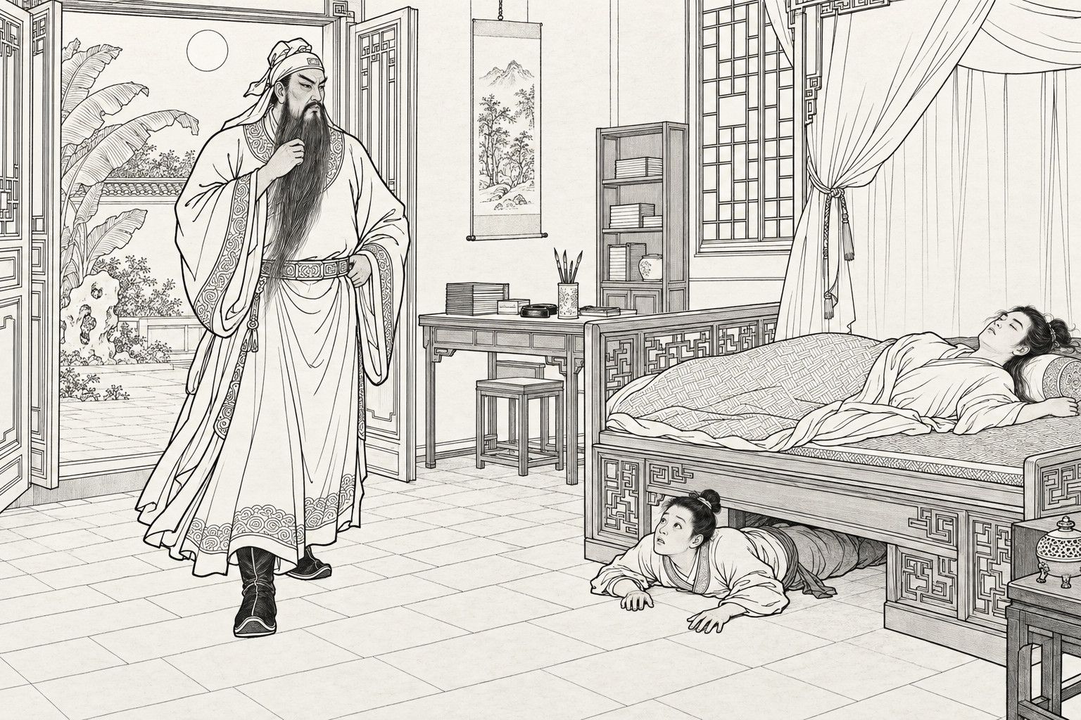 A line drawing in the manner of a late-Qing lithographed edition: on a summer night in a scholar's study with the door open to a moonlit courtyard, a tall, long-bearded man in a headcloth and long wide-sleeved robe steps in over the threshold, stroking his beard and looking toward the bed, where a young man sleeps on a mat, while a frightened serving boy creeps halfway out from under the bed to peep up at him, with a desk, bookcase, hanging scroll and lattice window behind.